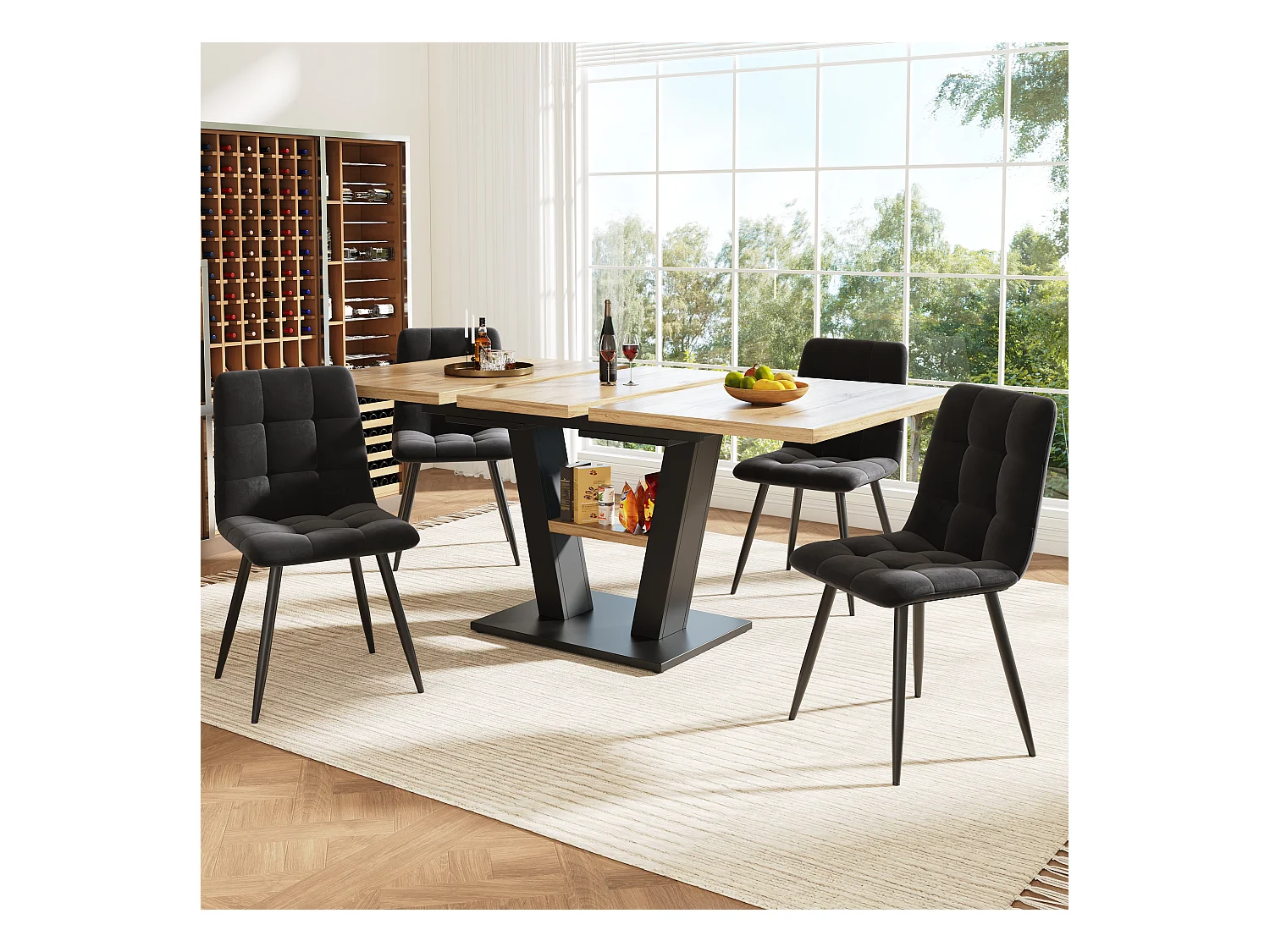 Ausziehbares Tischset + 4 Samtstühle - 118/157 x 70 x 75 cm - MDF + Metallbeine - Natur + Schwarz