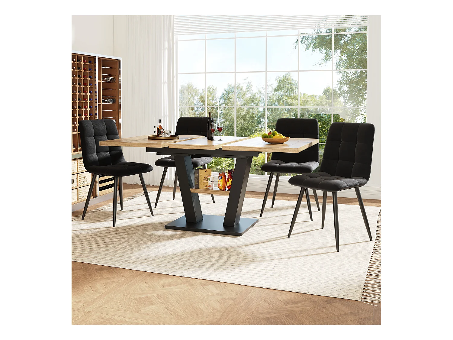 Ausziehbares Tischset + 4 Samtstühle - 118/157 x 70 x 75 cm - MDF + Metallbeine - Natur + Schwarz