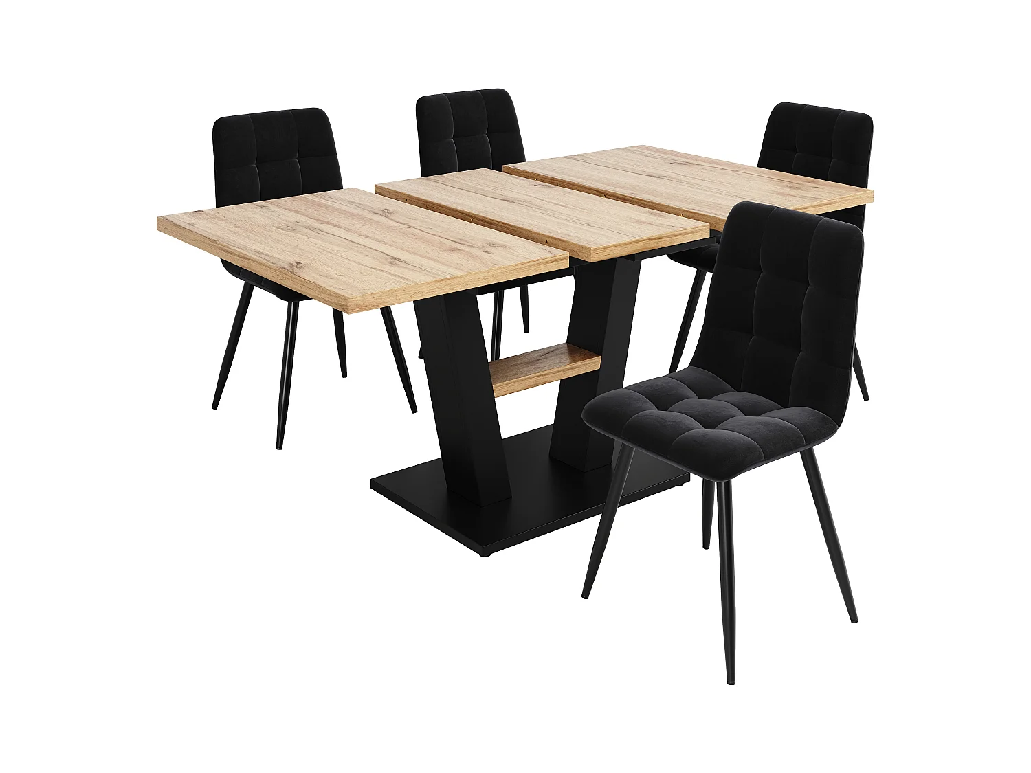 Ausziehbares Tischset + 4 Samtstühle - 118/157 x 70 x 75 cm - MDF + Metallbeine - Natur + Schwarz