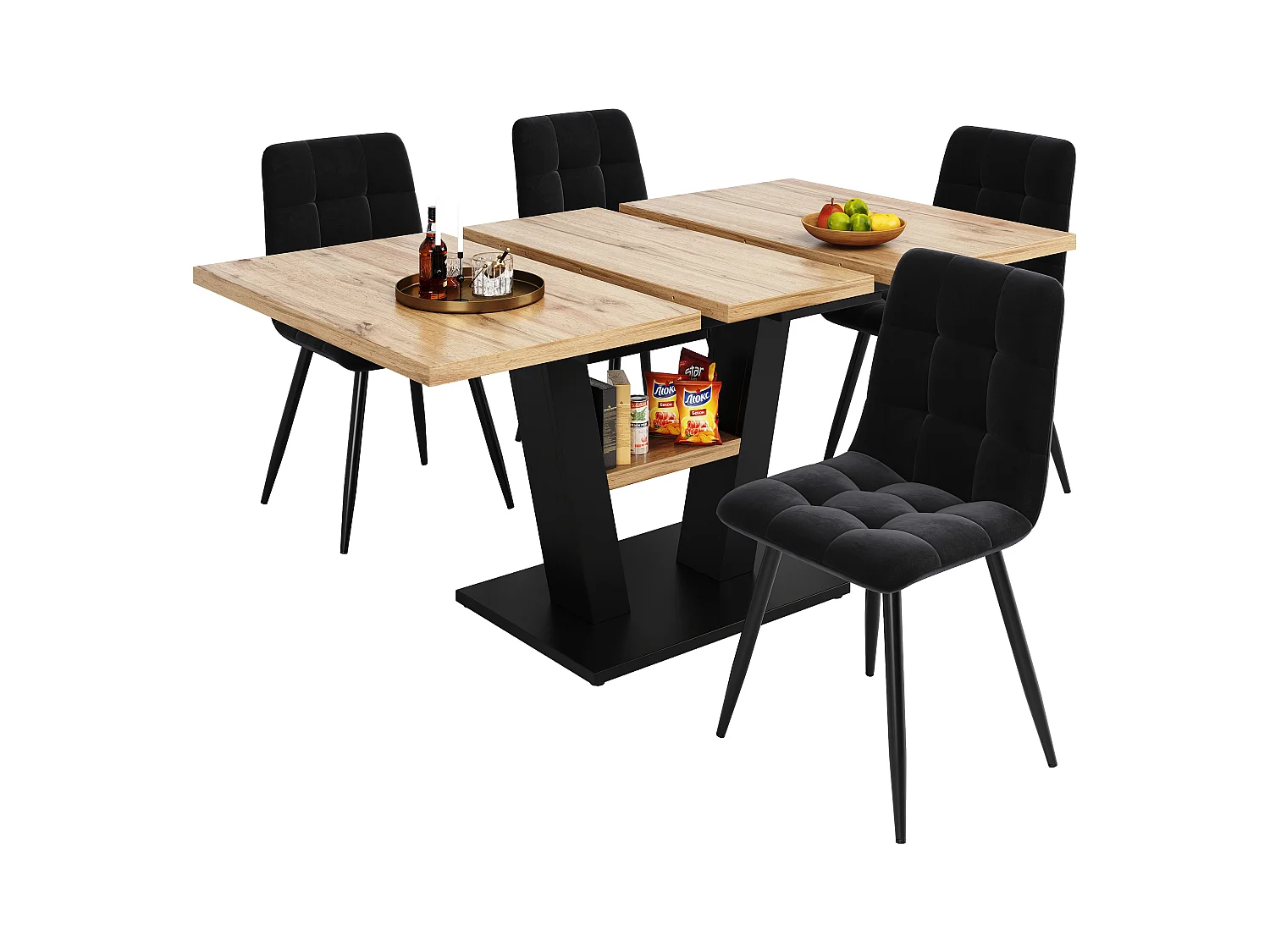 Ausziehbares Tischset + 4 Samtstühle - 118/157 x 70 x 75 cm - MDF + Metallbeine - Natur + Schwarz