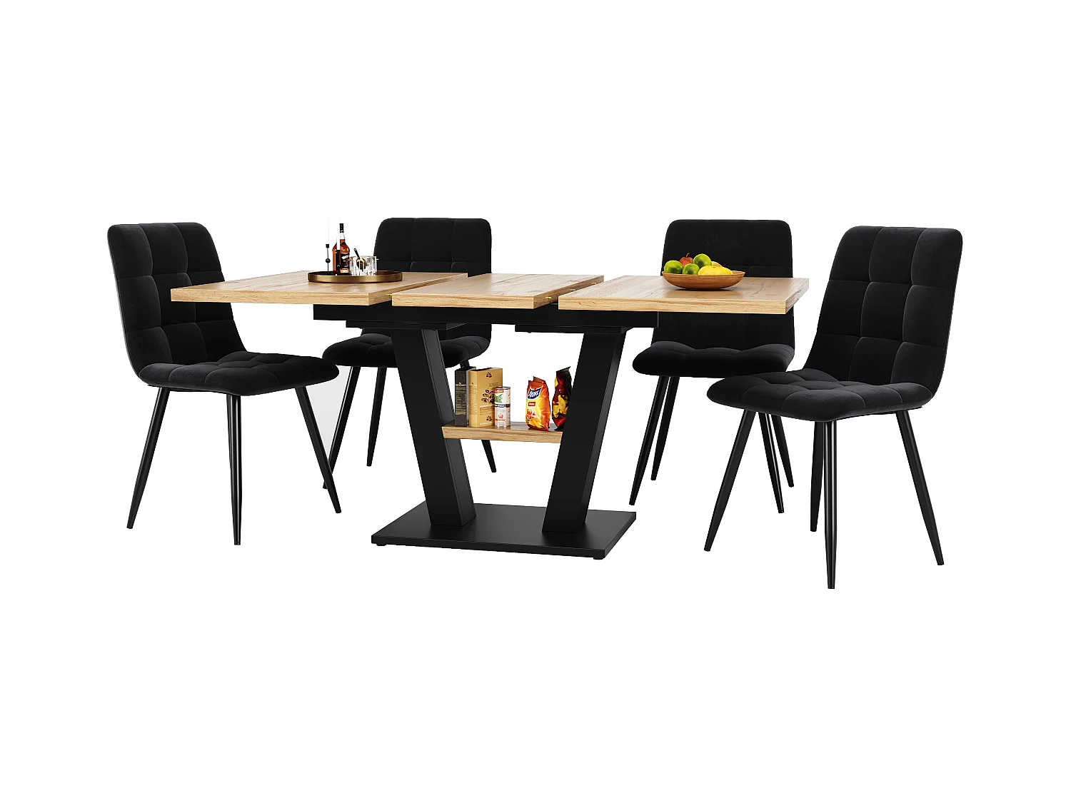 Ausziehbares Tischset + 4 Samtstühle - 118/157 x 70 x 75 cm - MDF + Metallbeine - Natur + Schwarz