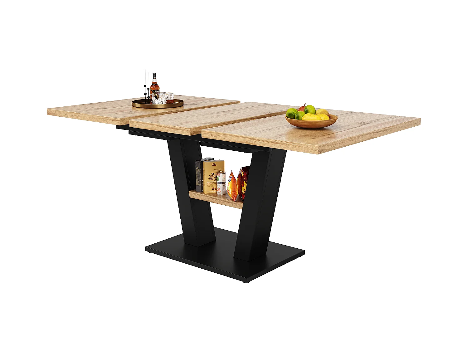 Ausziehbares Tischset + 4 Samtstühle - 118/157 x 70 x 75 cm - MDF + Metallbeine - Natur + Schwarz