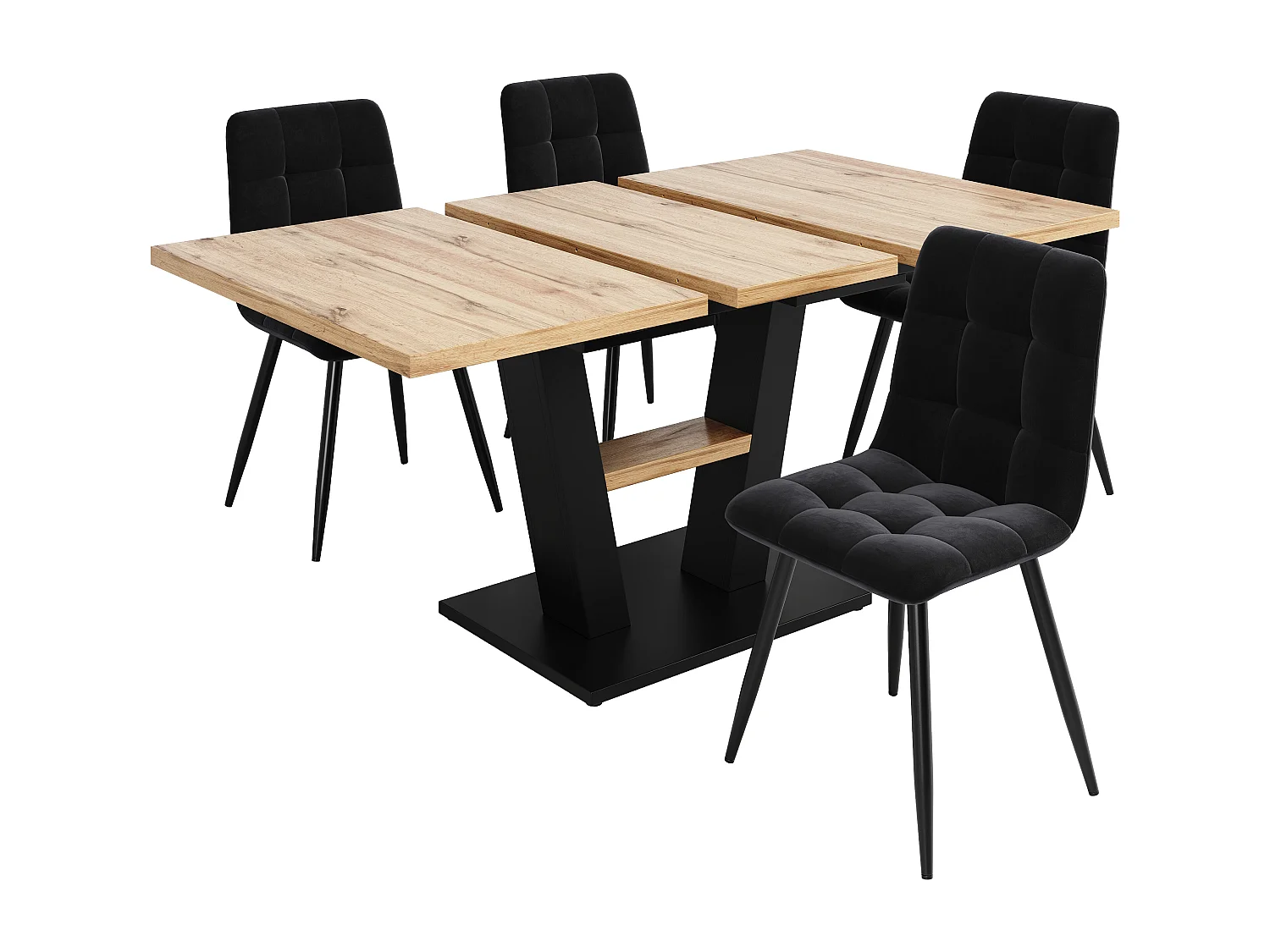 Ausziehbares Tischset + 4 Samtstühle - 118/157 x 70 x 75 cm - MDF + Metallbeine - Natur + Schwarz