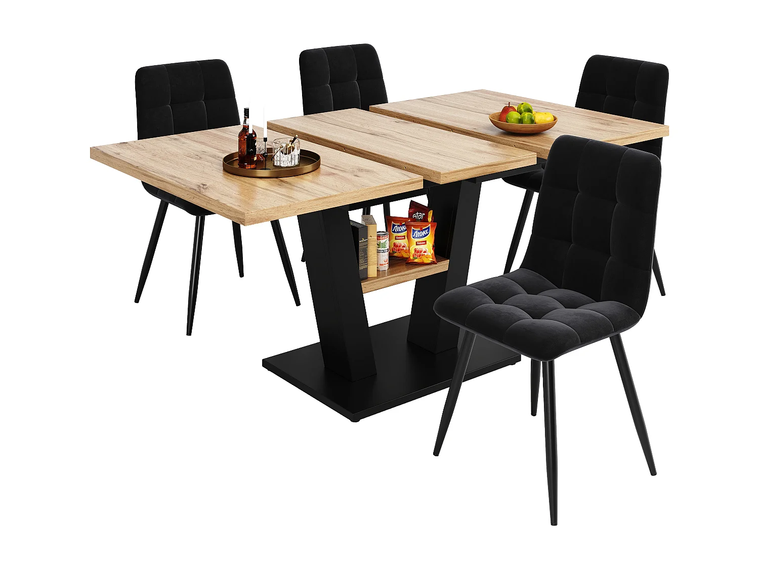 Ausziehbares Tischset + 4 Samtstühle - 118/157 x 70 x 75 cm - MDF + Metallbeine - Natur + Schwarz