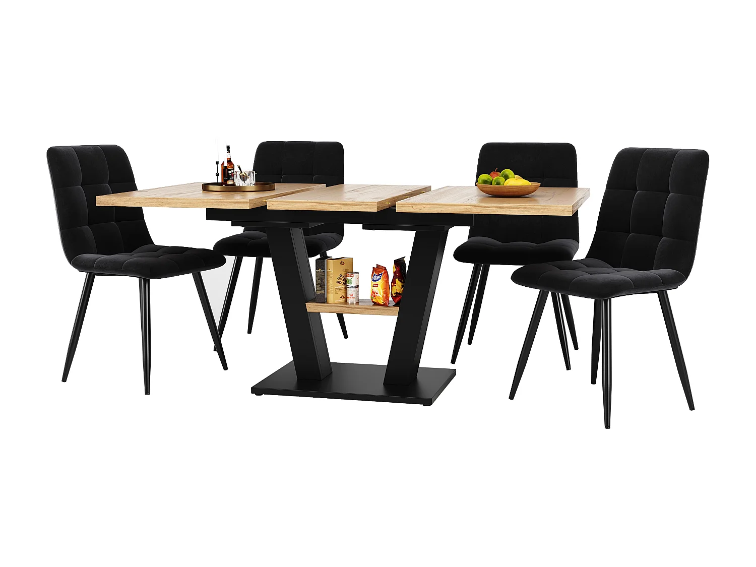 Ausziehbares Tischset + 4 Samtstühle - 118/157 x 70 x 75 cm - MDF + Metallbeine - Natur + Schwarz