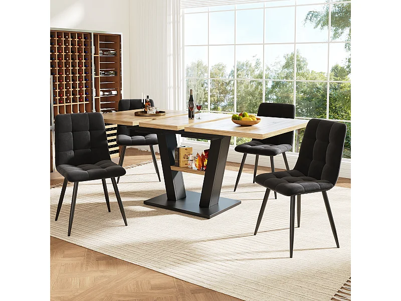 Ensemble table extensible + 4 chaises en velours - 118/157 x 70 x 75 cm - MDF + Pieds en métal - Naturel + noir