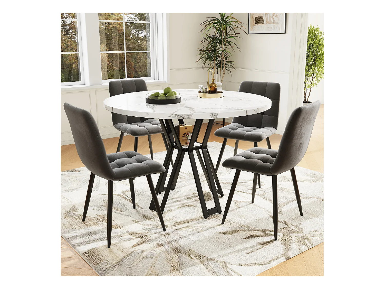 Ensemble table à manger ronde + 4 chaises en velours - D 100 x H 76 cm - MDF et pièds en métal noir - Effet marbre - Blanc + gris