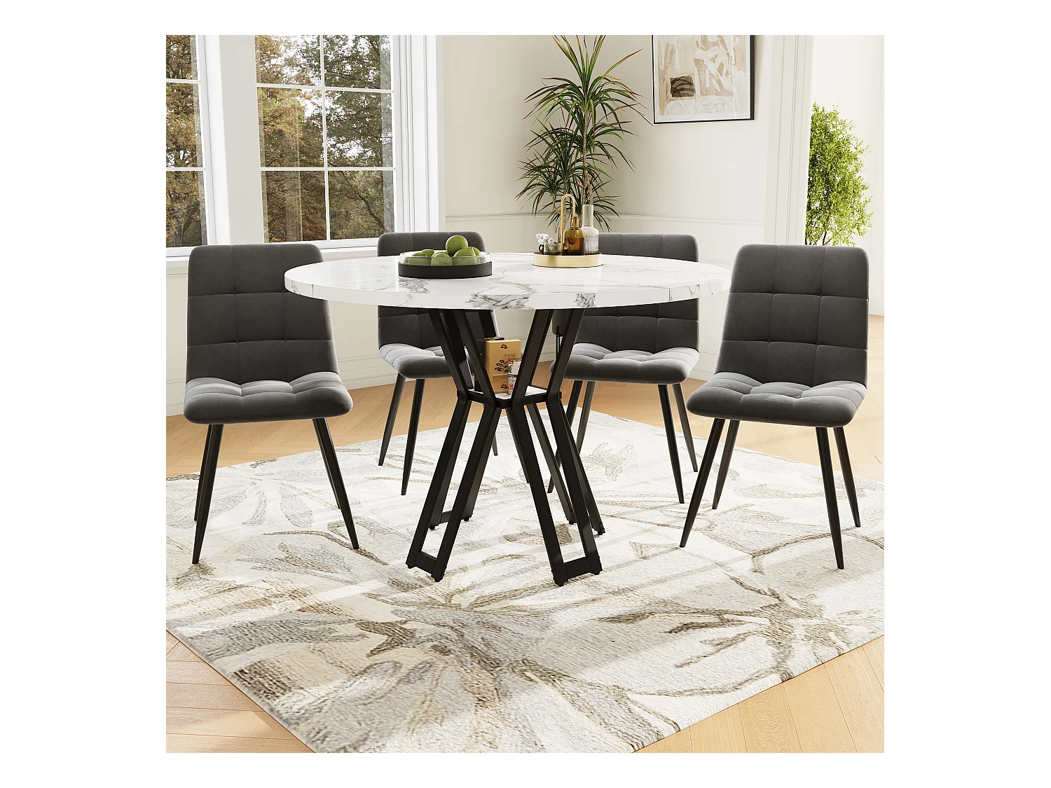 Ensemble table à manger ronde + 4 chaises en velours - D 100 x H 76 cm - MDF et pièds en métal noir - Effet marbre - Blanc + gris
