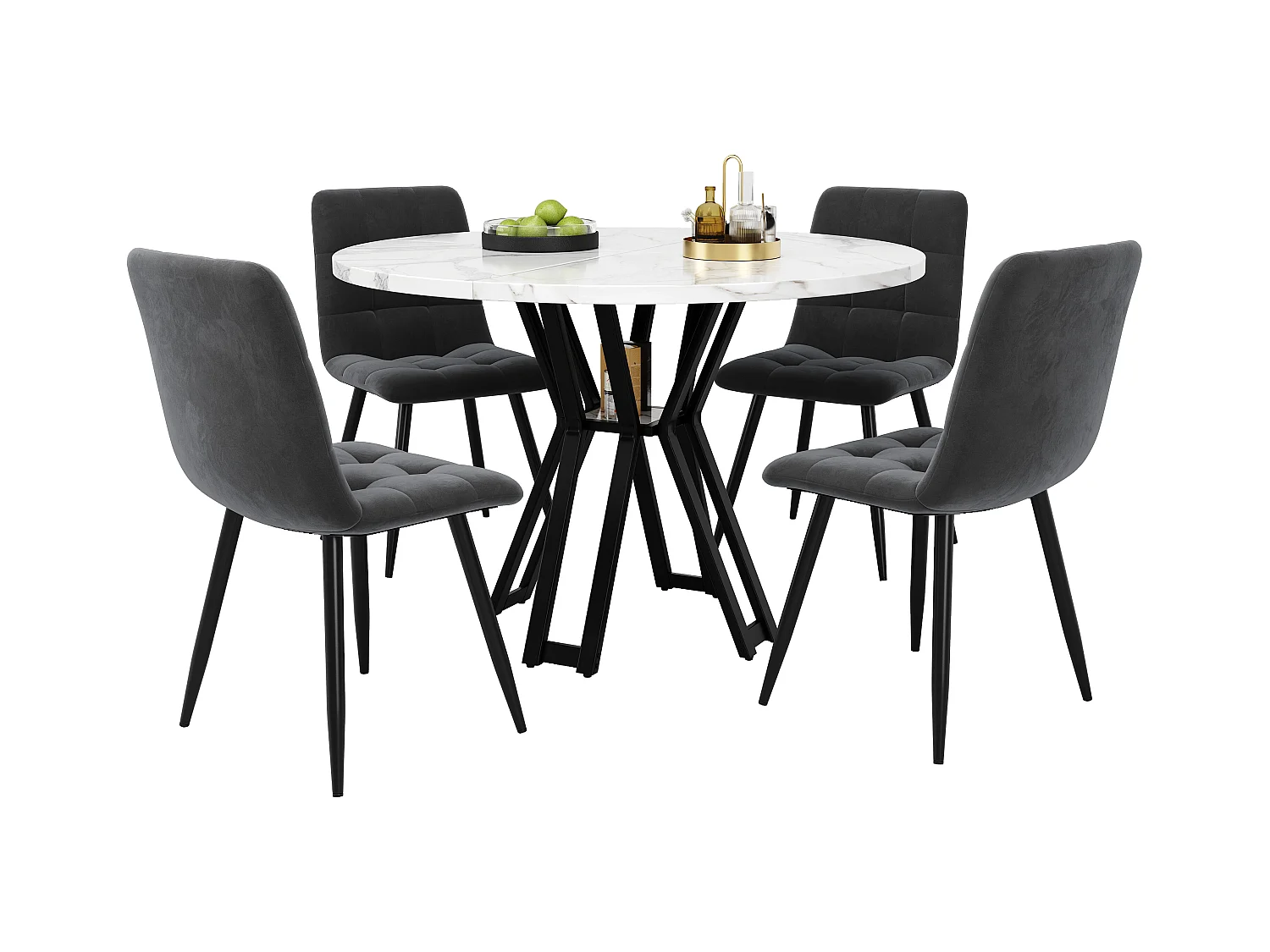Ensemble table à manger ronde + 4 chaises en velours - D 100 x H 76 cm - MDF et pièds en métal noir - Effet marbre - Blanc + gris