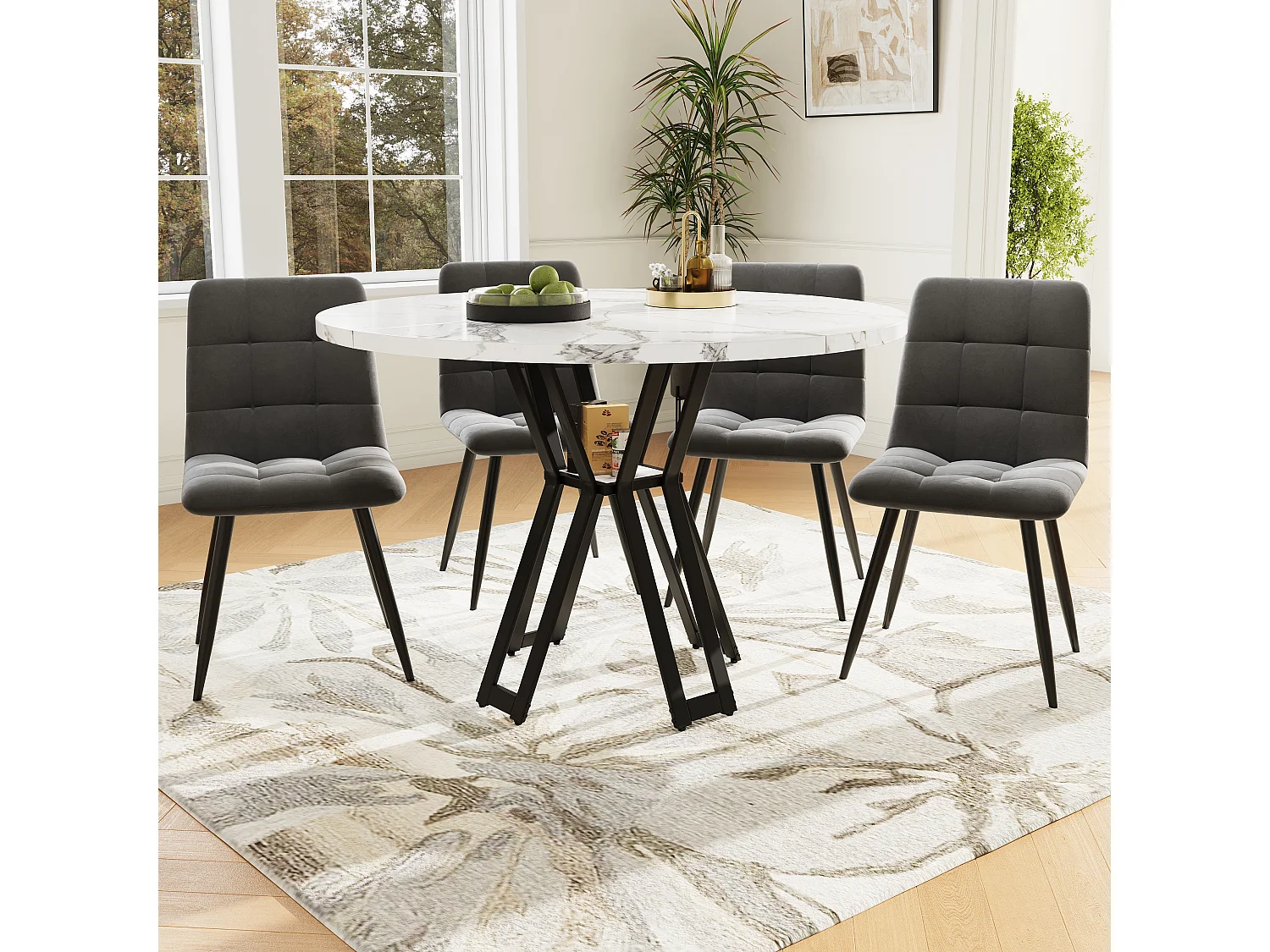 Ensemble table à manger ronde + 4 chaises en velours - D 100 x H 76 cm - MDF et pièds en métal noir - Effet marbre - Blanc + gris