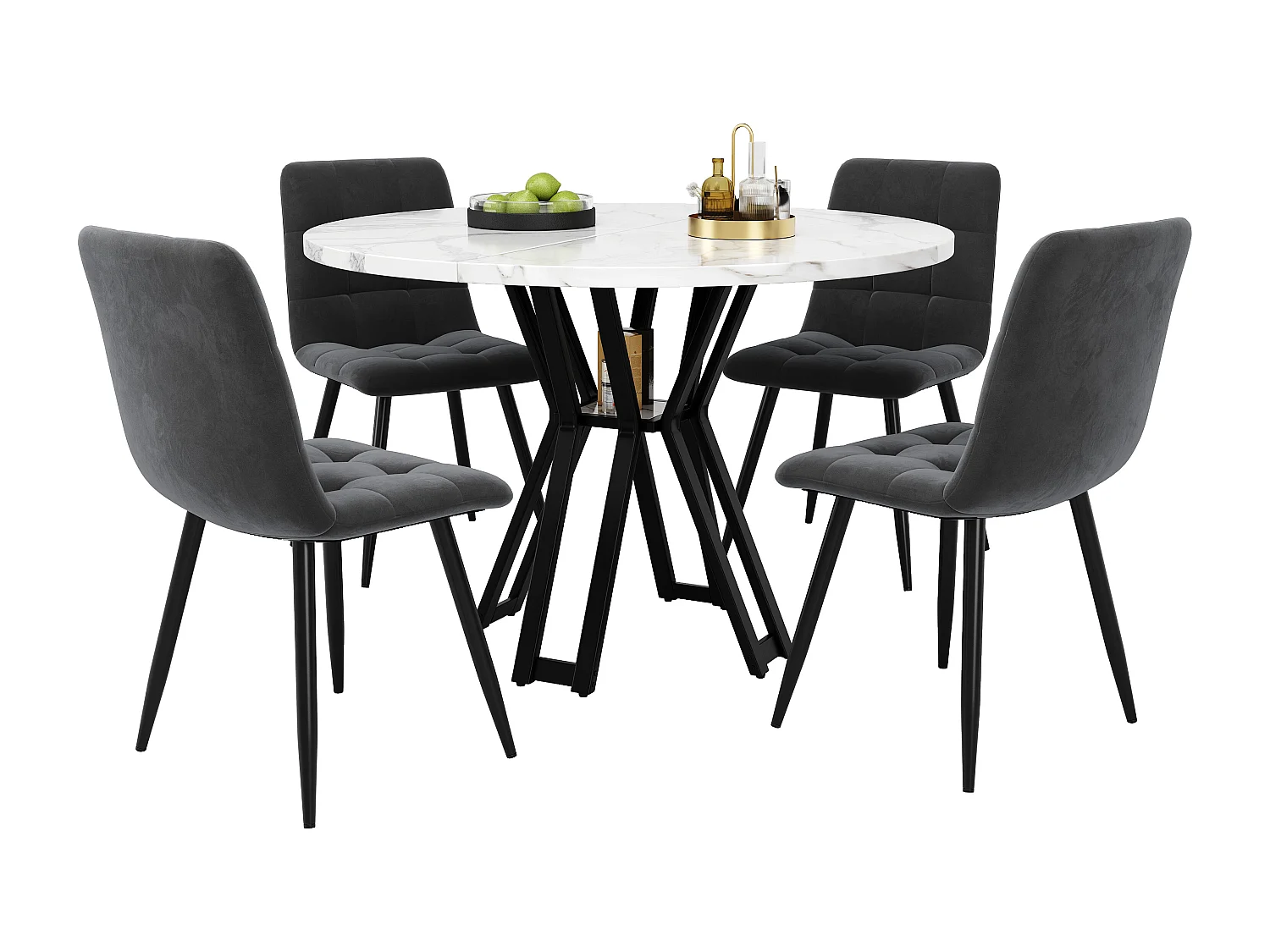 Ensemble table à manger ronde + 4 chaises en velours - D 100 x H 76 cm - MDF et pièds en métal noir - Effet marbre - Blanc + gris