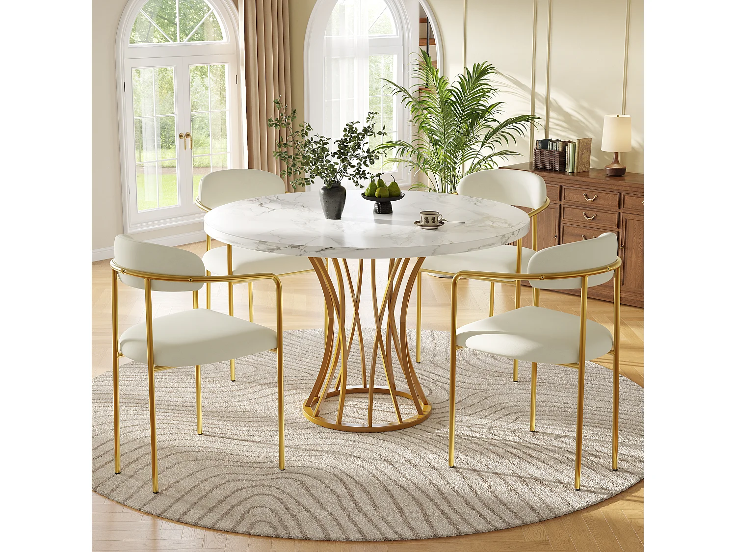 Ensemble table à manger ronde + 4 chaises en velours - D 80 x H 76 cm - MDF et pièds en métal doré - Effet marbre - Beige
