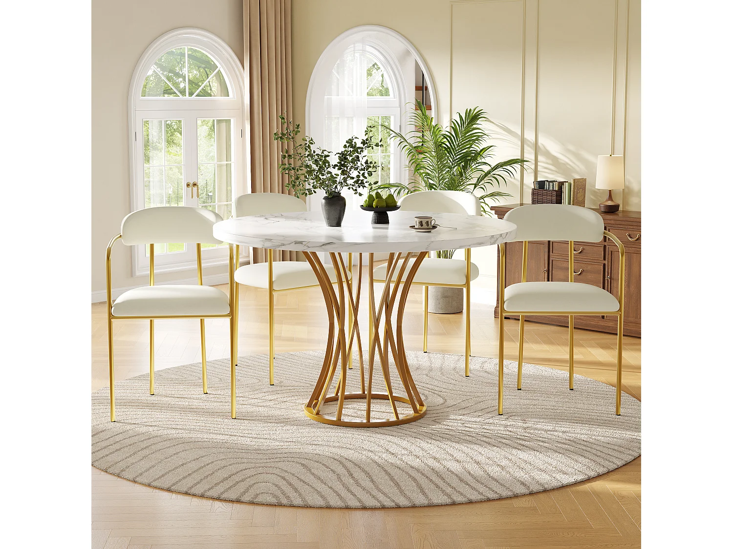 Ensemble table à manger ronde + 4 chaises en velours - D 80 x H 76 cm - MDF et pièds en métal doré - Effet marbre - Beige