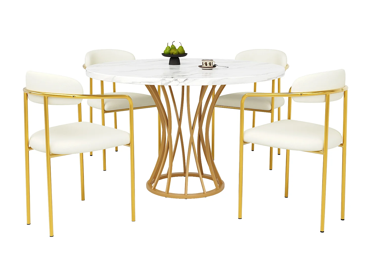 Ensemble table à manger ronde + 4 chaises en velours - D 80 x H 76 cm - MDF et pièds en métal doré - Effet marbre - Beige