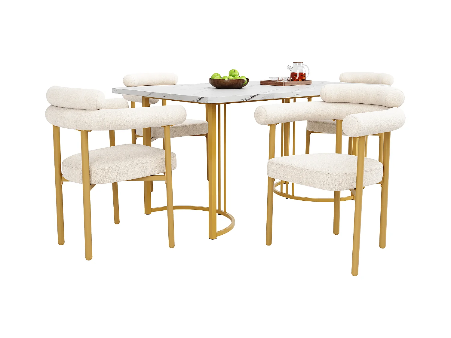 Esstisch-Set + 4 Samtstühle - 140 x 80 x 75 cm - MDF + goldene Metallbeine - Beige