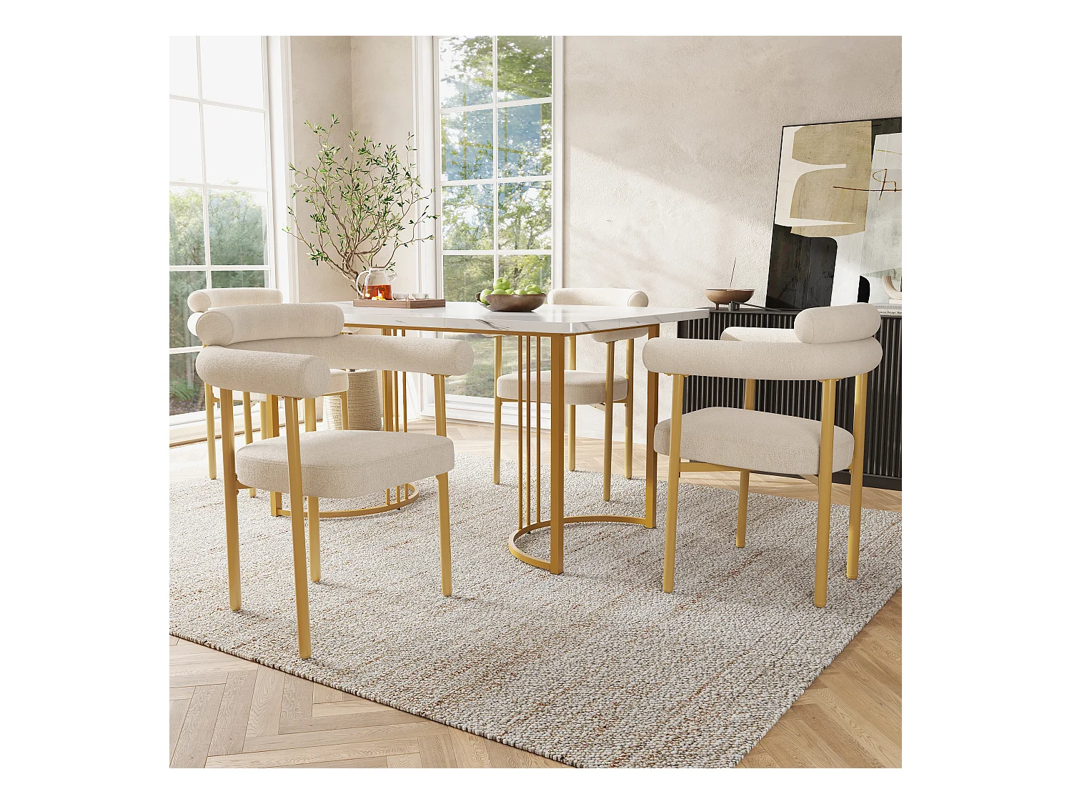 Eettafel + 4 fluwelen stoelen set - 140 x 80 x 75 cm - MDF + gouden metalen poten - Wit + beige