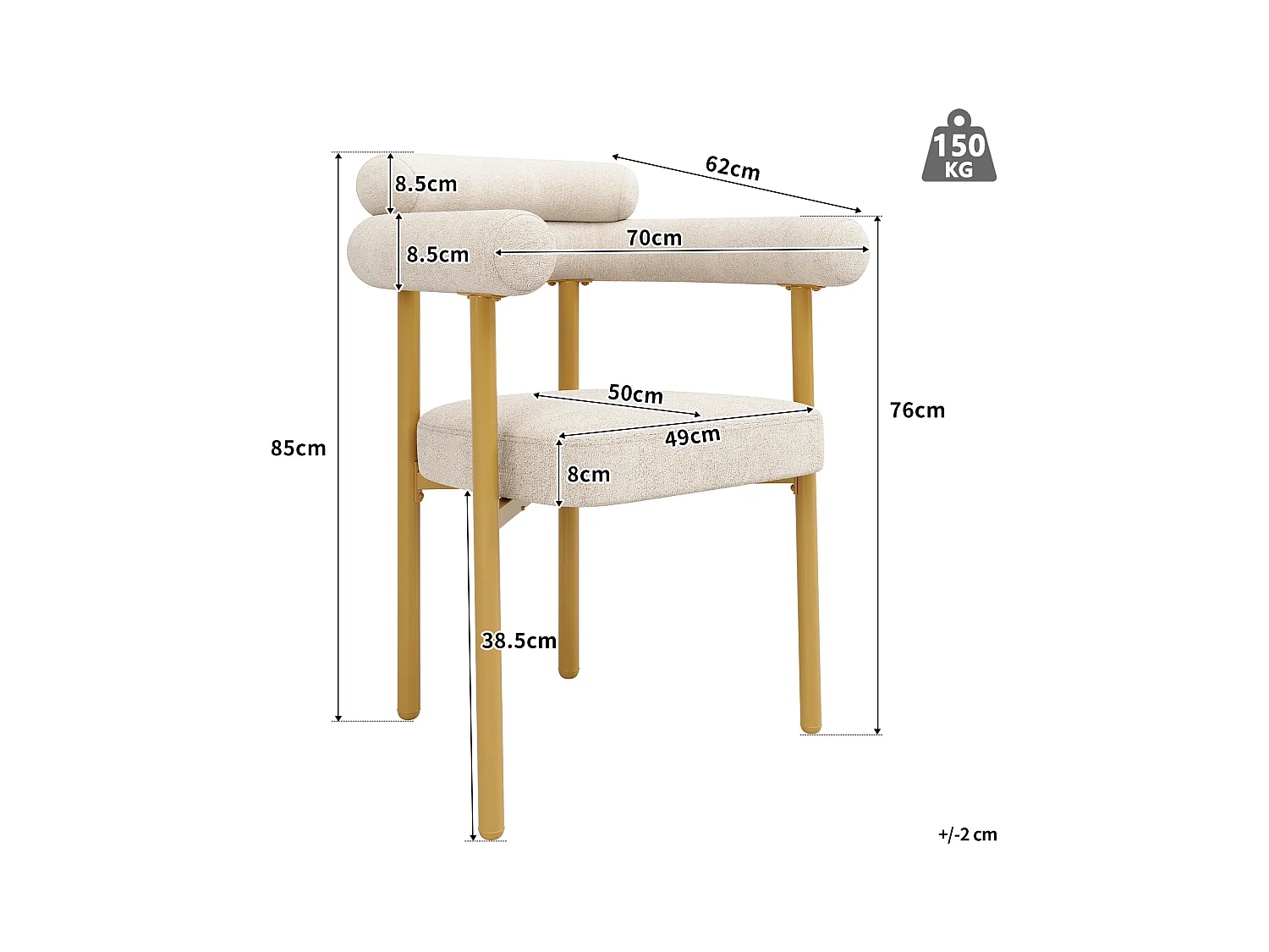 Ensemble table à manger + 4 chaises en velours - 140 x 80 x 75 cm - MDF + Pieds en métal doré - Beige