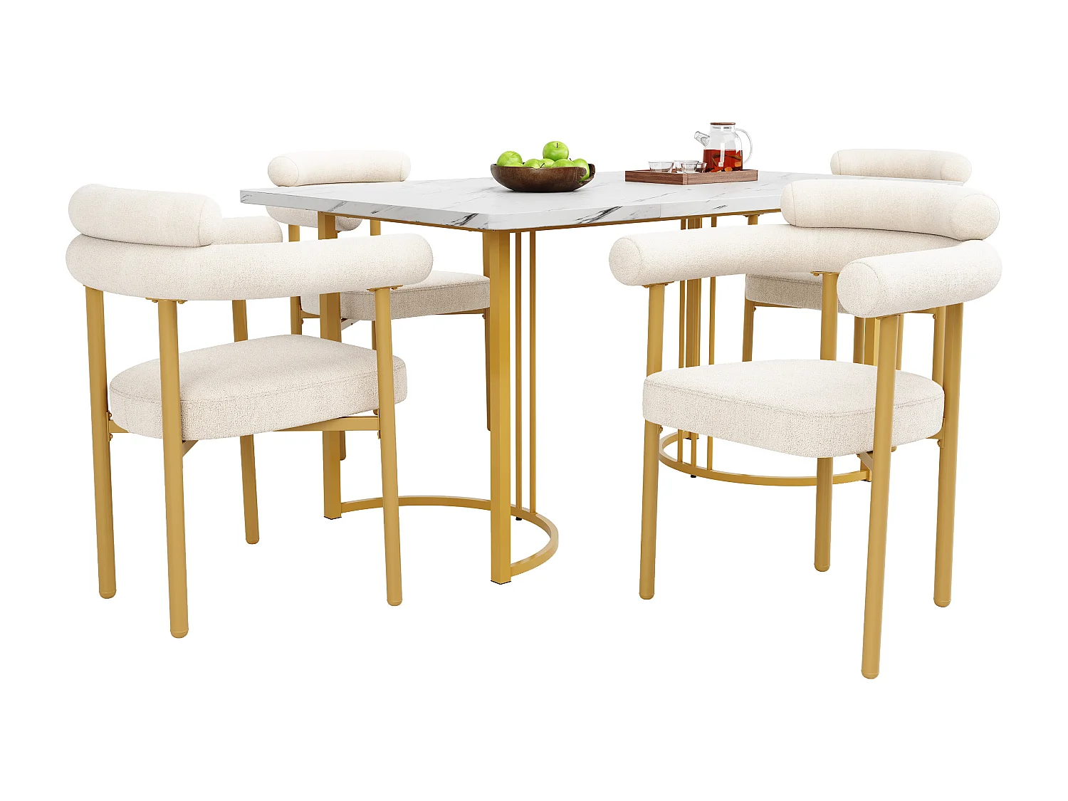 Set tavolo da pranzo + 4 sedie in velluto - 140 x 80 x 75 cm - MDF + gambe in metallo dorato - Beige
