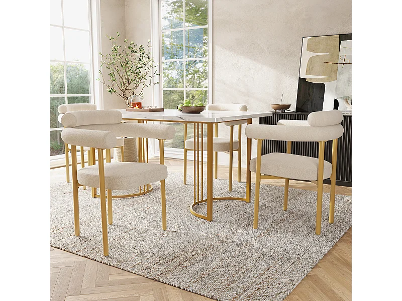 Set tavolo da pranzo + 4 sedie in velluto - 140 x 80 x 75 cm - MDF + gambe in metallo dorato - Beige
