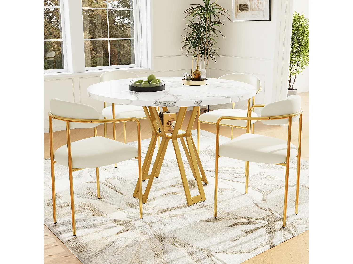 Zestaw okrągły stół jadalny + 4 krzesła welurowe - D 100 x W 76 cm - Nogi z płyty MDF i złotego metalu - Efekt marmuru - Beżowy