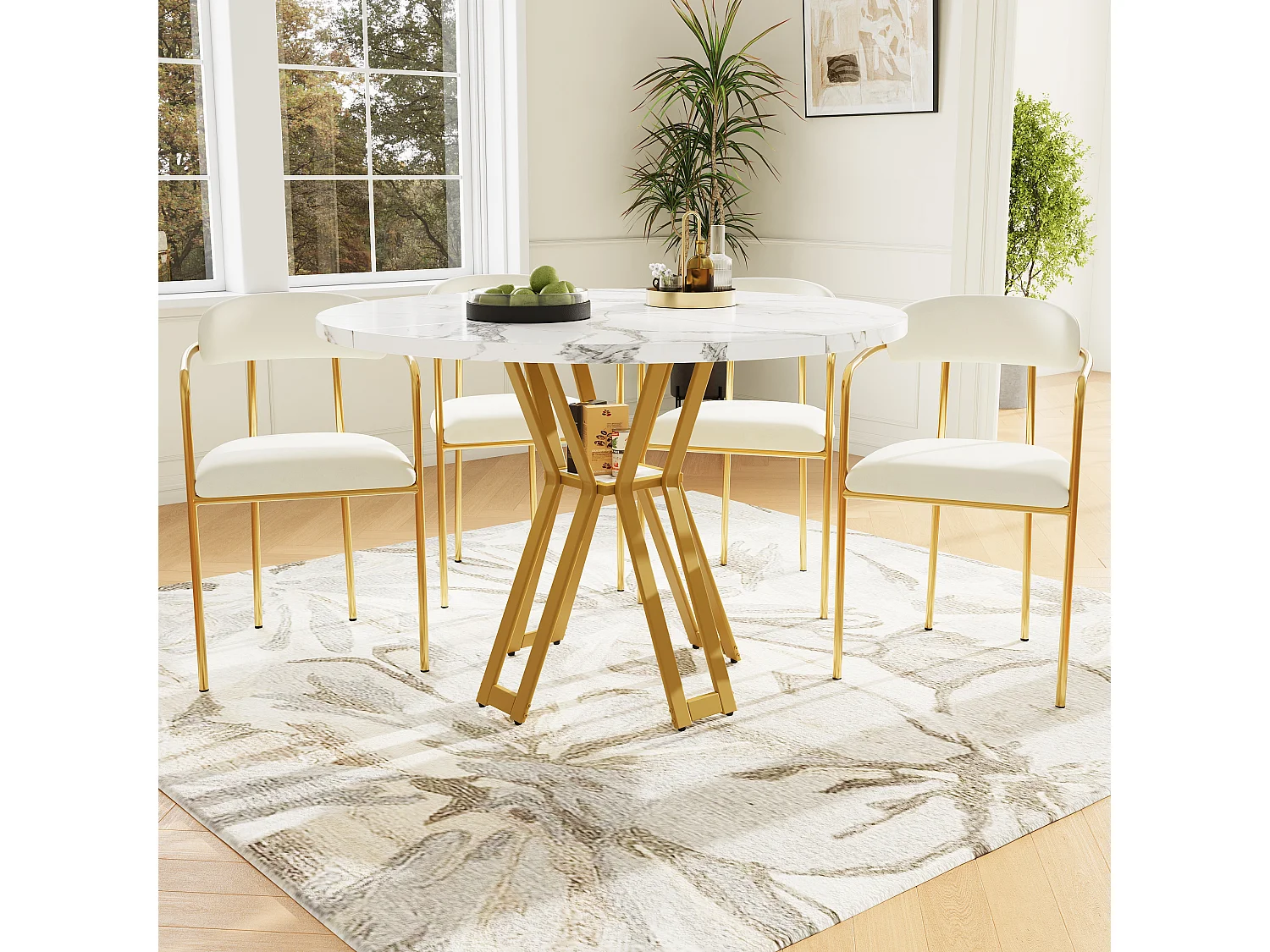 Zestaw okrągły stół jadalny + 4 krzesła welurowe - D 100 x W 76 cm - Nogi z płyty MDF i złotego metalu - Efekt marmuru - Beżowy