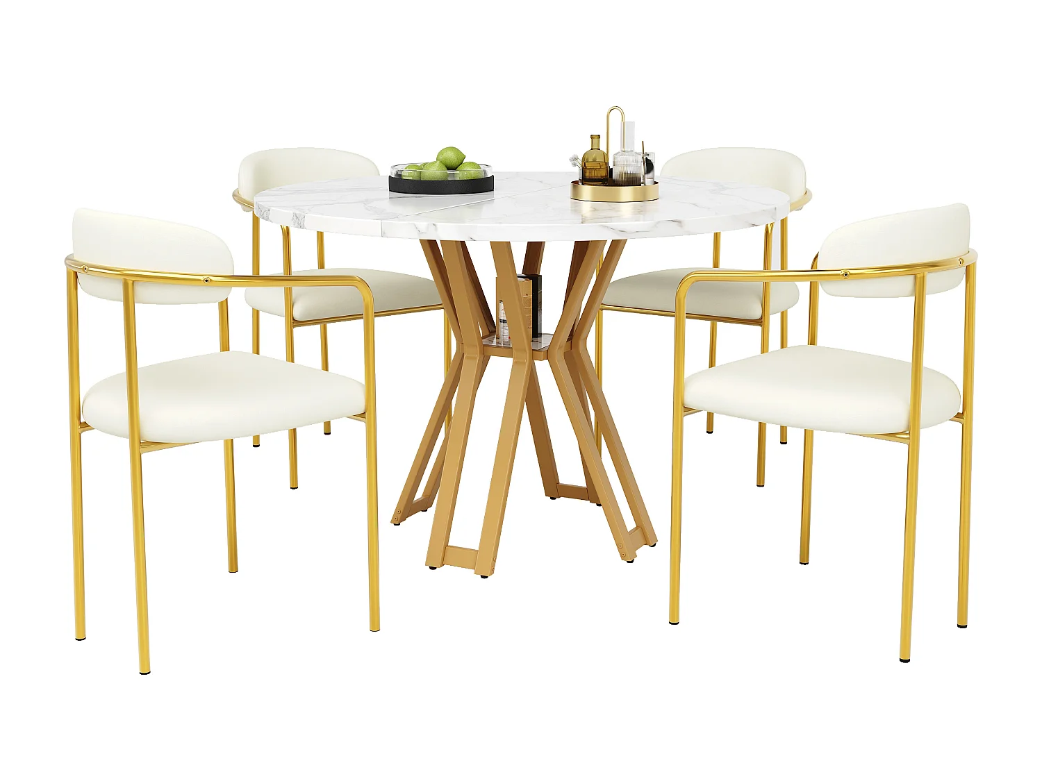 Zestaw okrągły stół jadalny + 4 krzesła welurowe - D 100 x W 76 cm - Nogi z płyty MDF i złotego metalu - Efekt marmuru - Beżowy