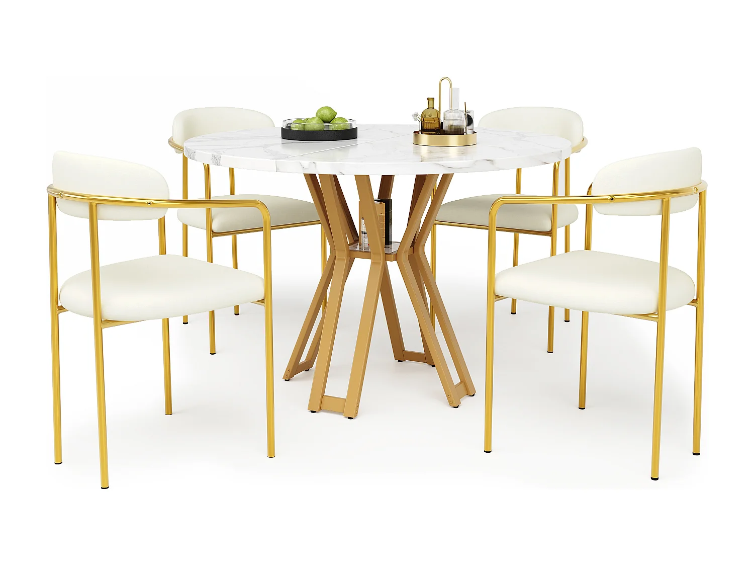 Zestaw okrągły stół jadalny + 4 krzesła welurowe - D 100 x W 76 cm - Nogi z płyty MDF i złotego metalu - Efekt marmuru - Beżowy