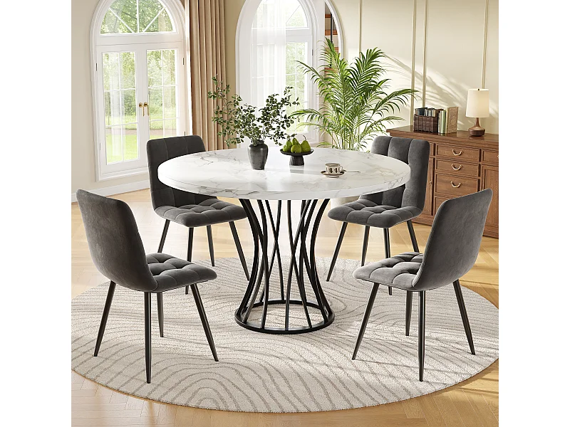 Ensemble table à manger ronde + 4 chaises en velours - D 80 x H 76 cm - MDF et pièds en métal noir - Effet marbre - Blanc + gris