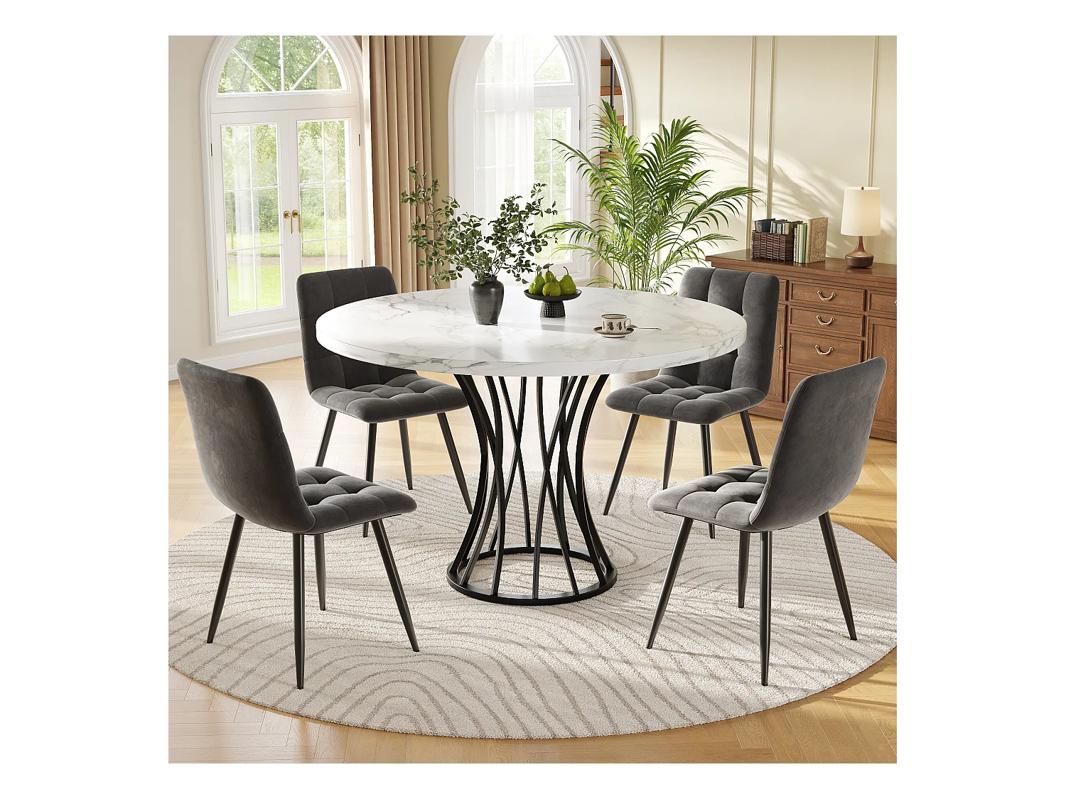 Ensemble table à manger ronde + 4 chaises en velours - D 80 x H 76 cm - MDF et pièds en métal noir - Effet marbre - Blanc + gris