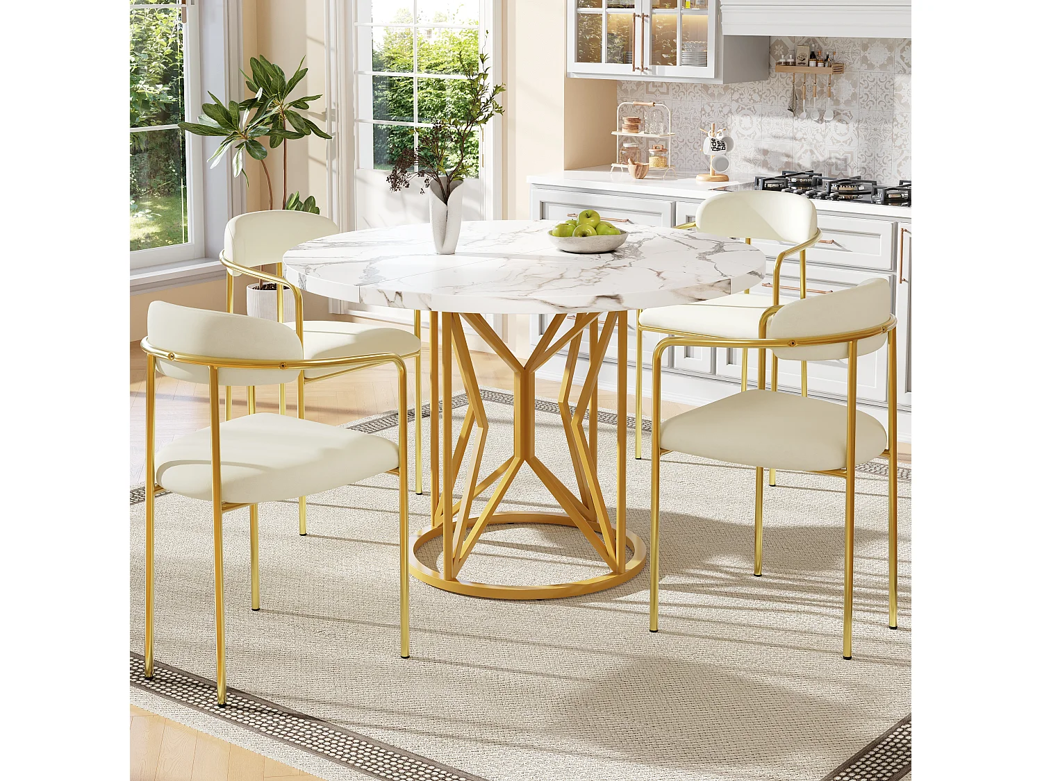 Ensemble table à manger ronde + 4 chaises en velours - D 100 x H 76 cm - MDF et pièds en métal doré - Blanc