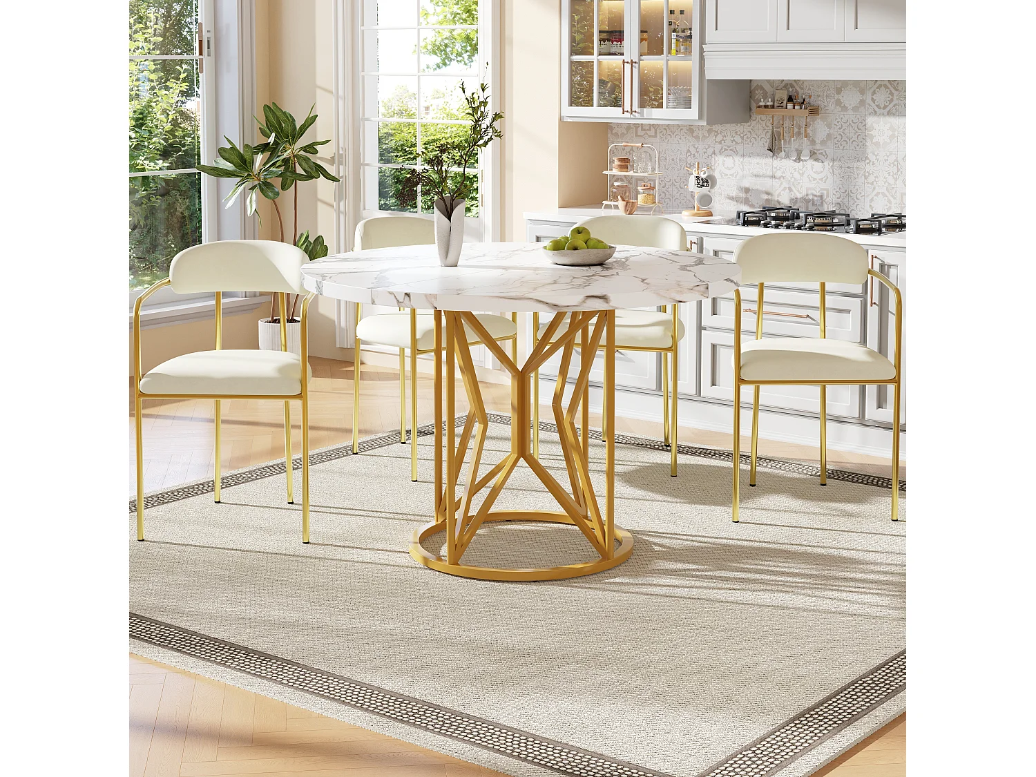 Ensemble table à manger ronde + 4 chaises en velours - D 100 x H 76 cm - MDF et pièds en métal doré - Blanc