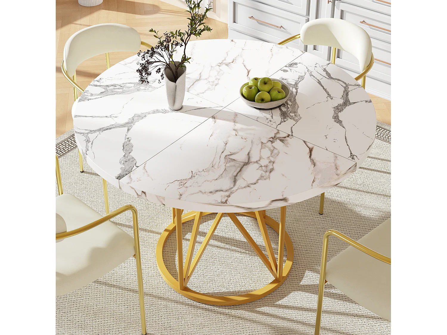 Ensemble table à manger ronde + 4 chaises en velours - D 100 x H 76 cm - MDF et pièds en métal doré - Blanc