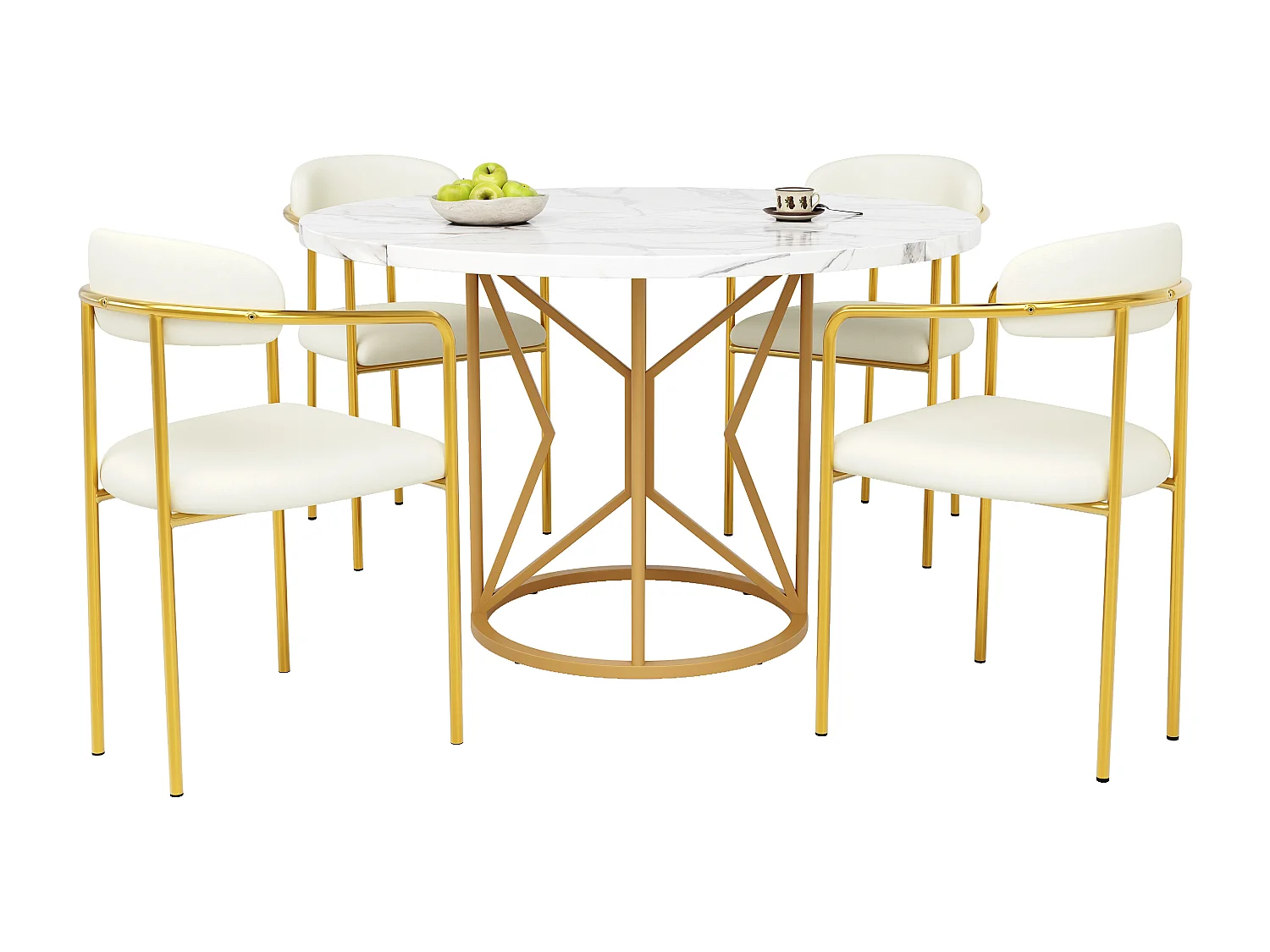 Ensemble table à manger ronde + 4 chaises en velours - D 100 x H 76 cm - MDF et pièds en métal doré - Blanc