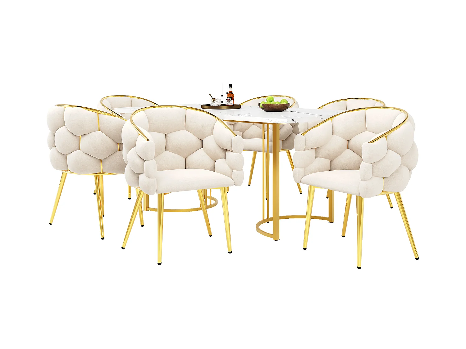 Ensemble table à manger + 6 chaises en velours - 140 x 80 x 75 cm - MDF + Pieds en métal doré - Blanc + beige