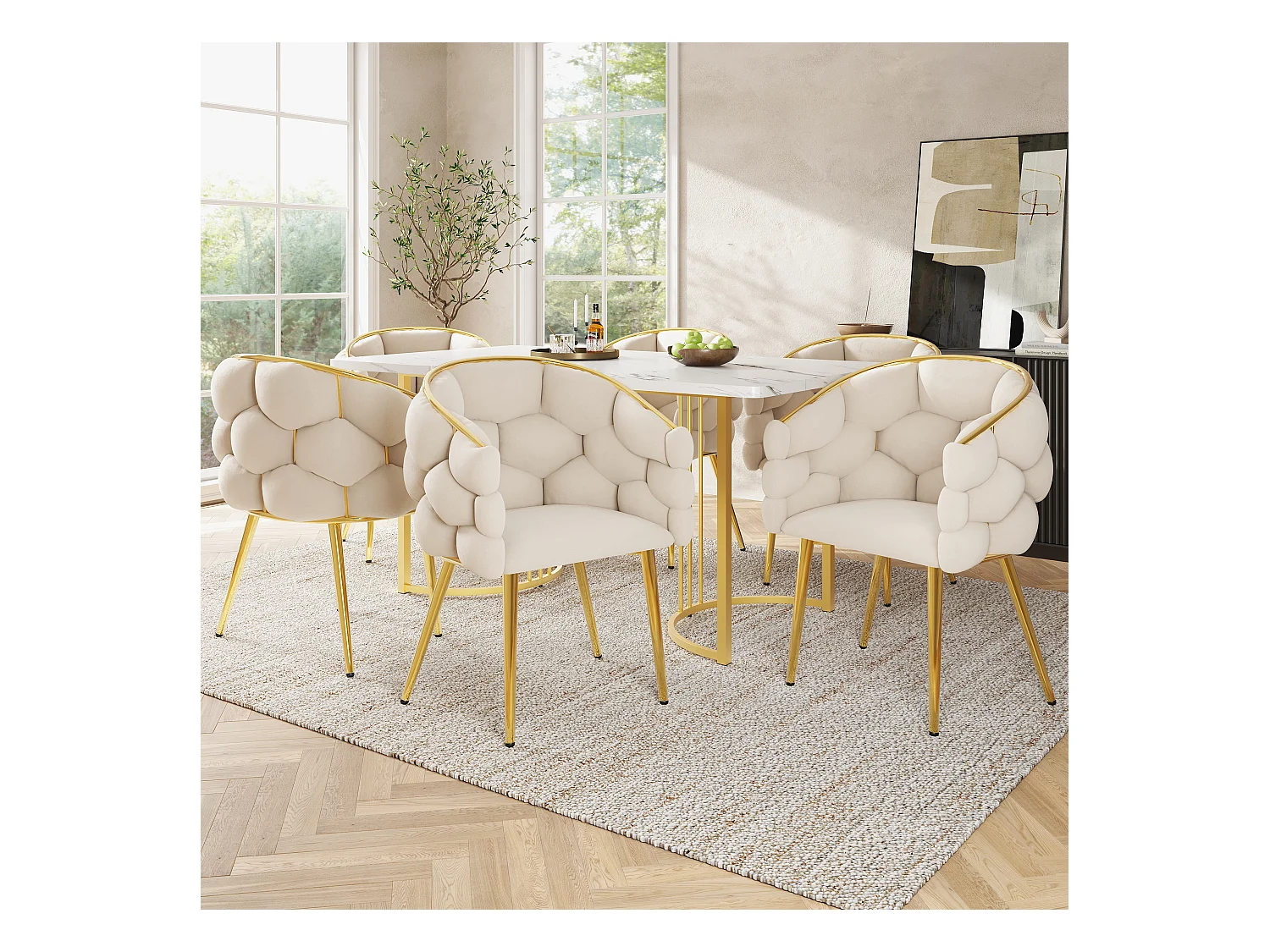 Ensemble table à manger + 6 chaises en velours - 140 x 80 x 75 cm - MDF + Pieds en métal doré - Blanc + beige