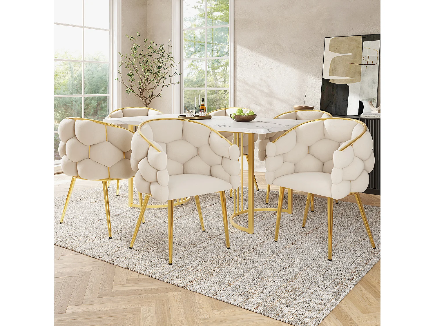 Ensemble table à manger + 6 chaises en velours - 140 x 80 x 75 cm - MDF + Pieds en métal doré - Blanc + beige