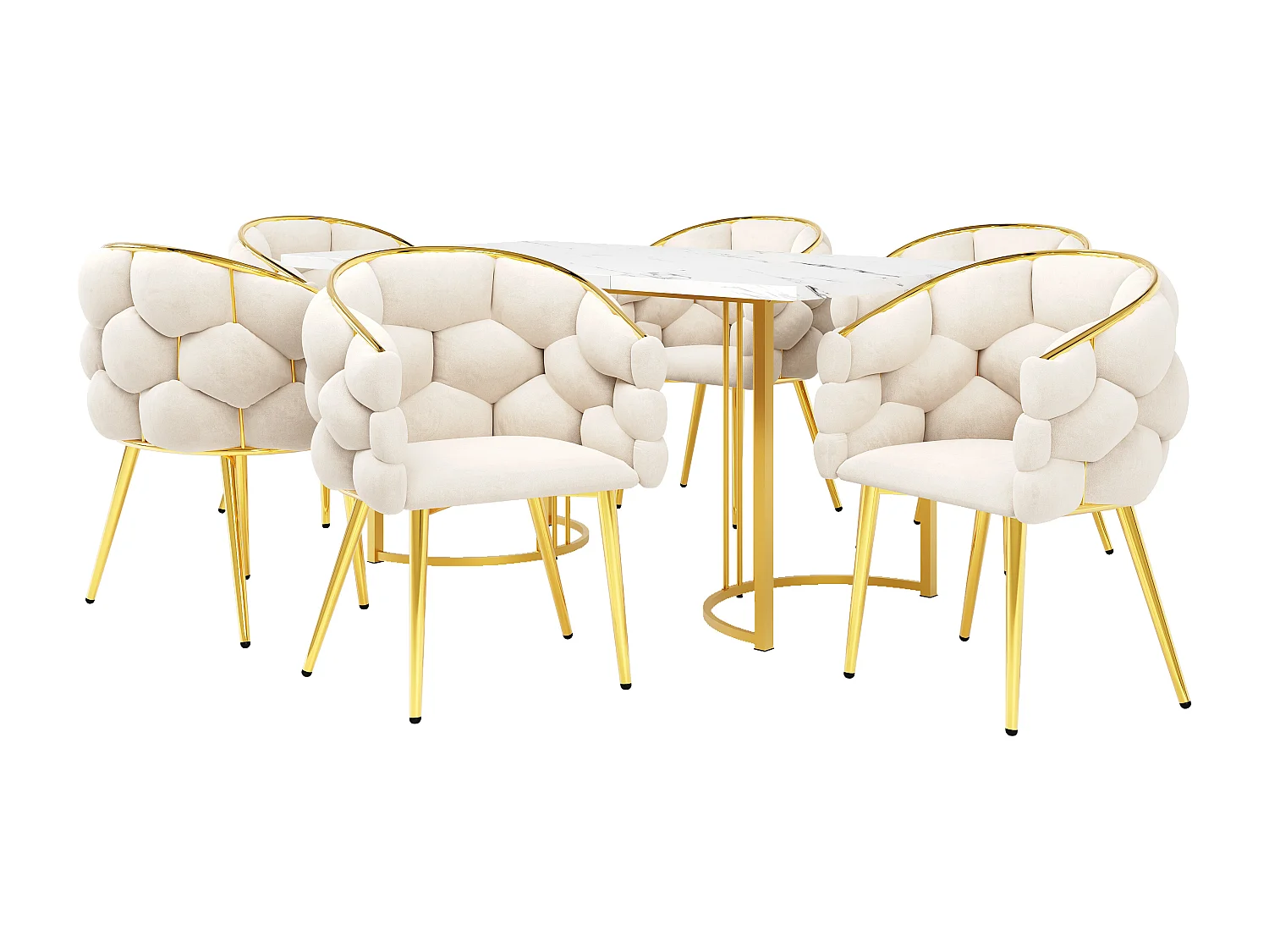 Ensemble table à manger + 6 chaises en velours - 140 x 80 x 75 cm - MDF + Pieds en métal doré - Blanc + beige