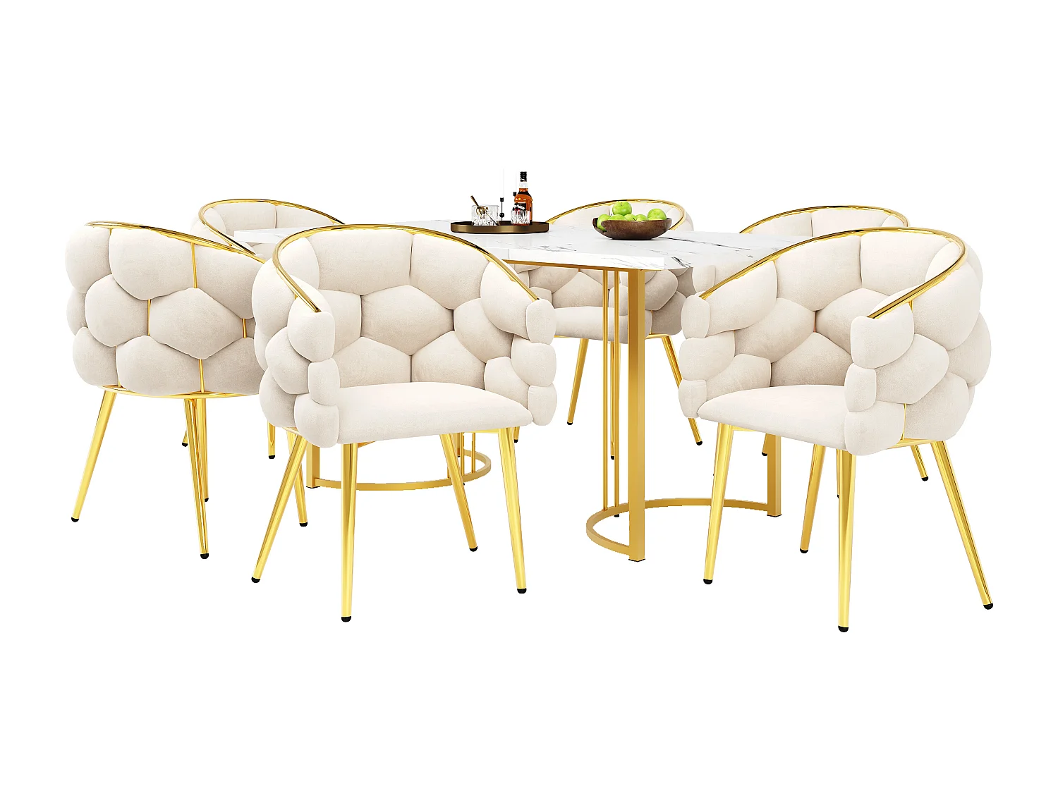 Ensemble table à manger + 6 chaises en velours - 140 x 80 x 75 cm - MDF + Pieds en métal doré - Blanc + beige