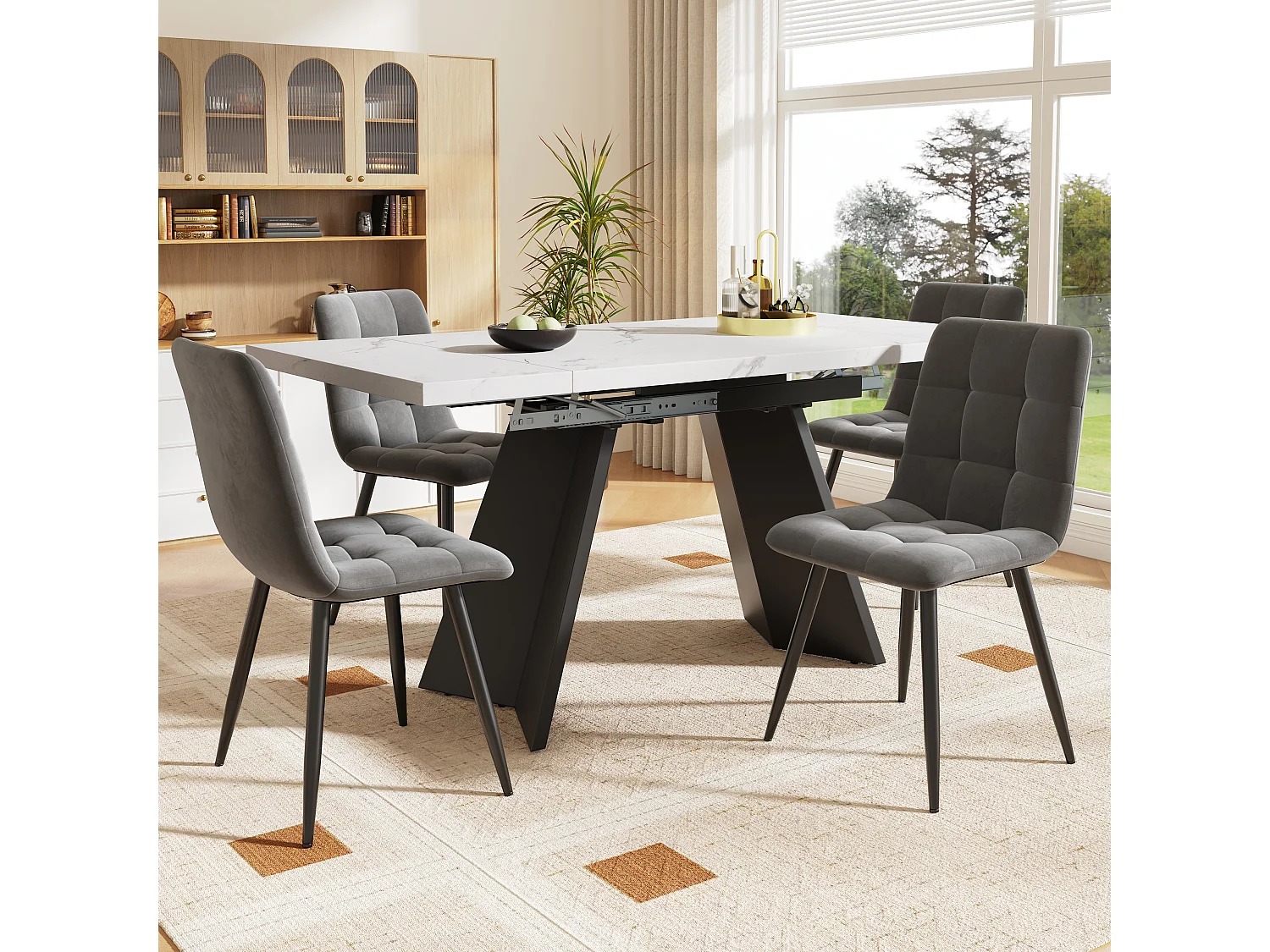 Eettafel + 4 fluwelen stoelen set - 140 x 80 x 75 cm - MDF + gouden metalen poten - Wit + beige