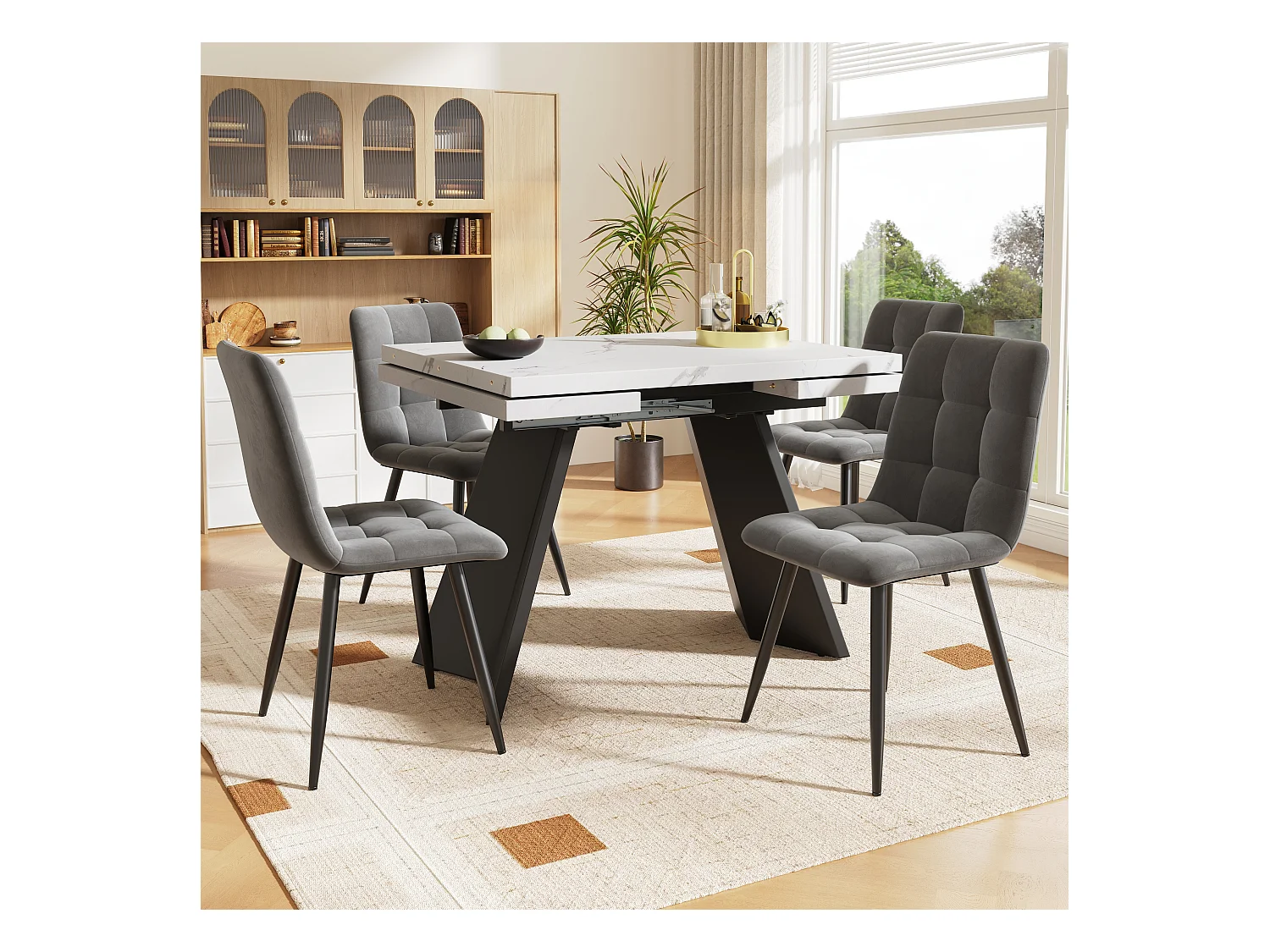 Eettafel + 4 fluwelen stoelen set - 140 x 80 x 75 cm - MDF + gouden metalen poten - Wit + beige