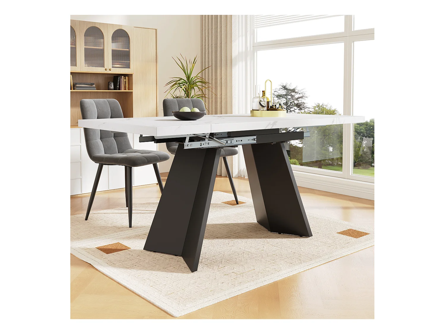 Conjunto de mesa extensible + 4 sillas de terciopelo - 159 x 80 x 75 cm - MDF + Patas de metal - Gris + blanco