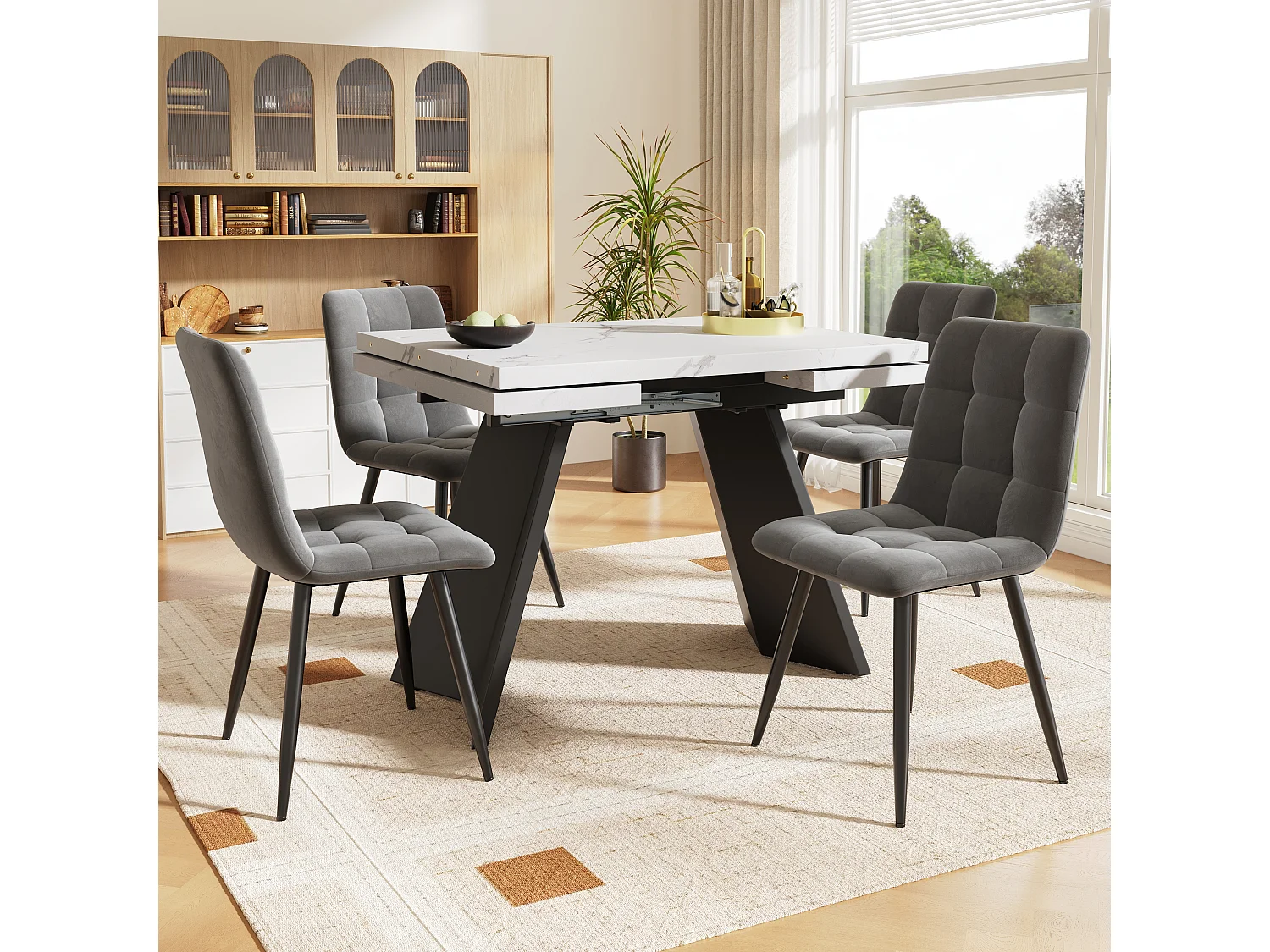 Ensemble table extensible + 4 chaises en velours - 159 x 80 x 75 cm - MDF + Pieds en métal - Gris + blanc