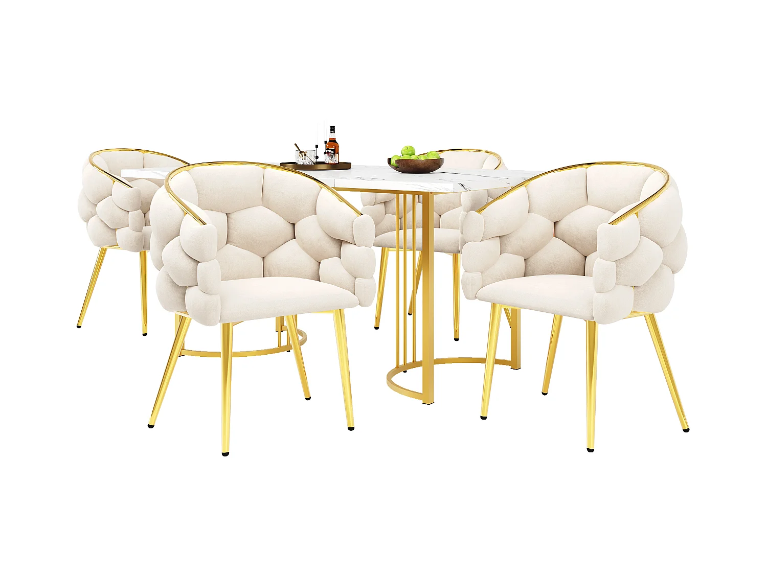 Ensemble table à manger + 4 chaises en velours - 140 x 80 x 75 cm - MDF + Pieds en métal doré - Blanc + beige