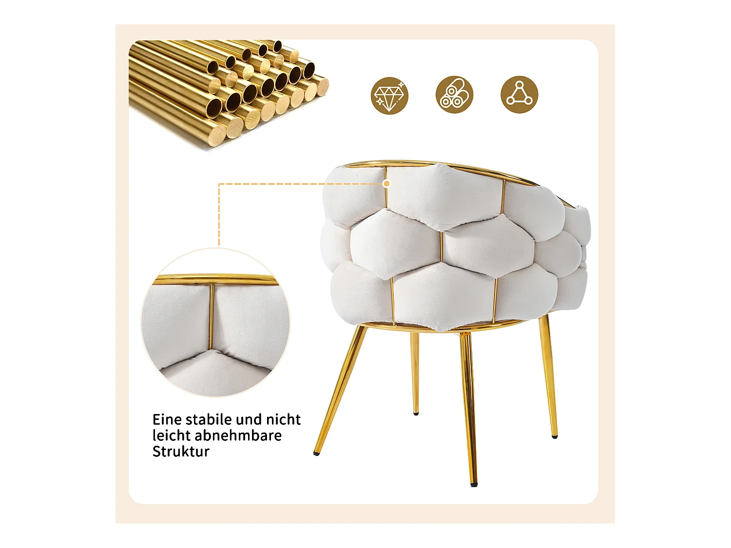 Ensemble table à manger + 4 chaises en velours - 140 x 80 x 75 cm - MDF + Pieds en métal doré - Blanc + beige