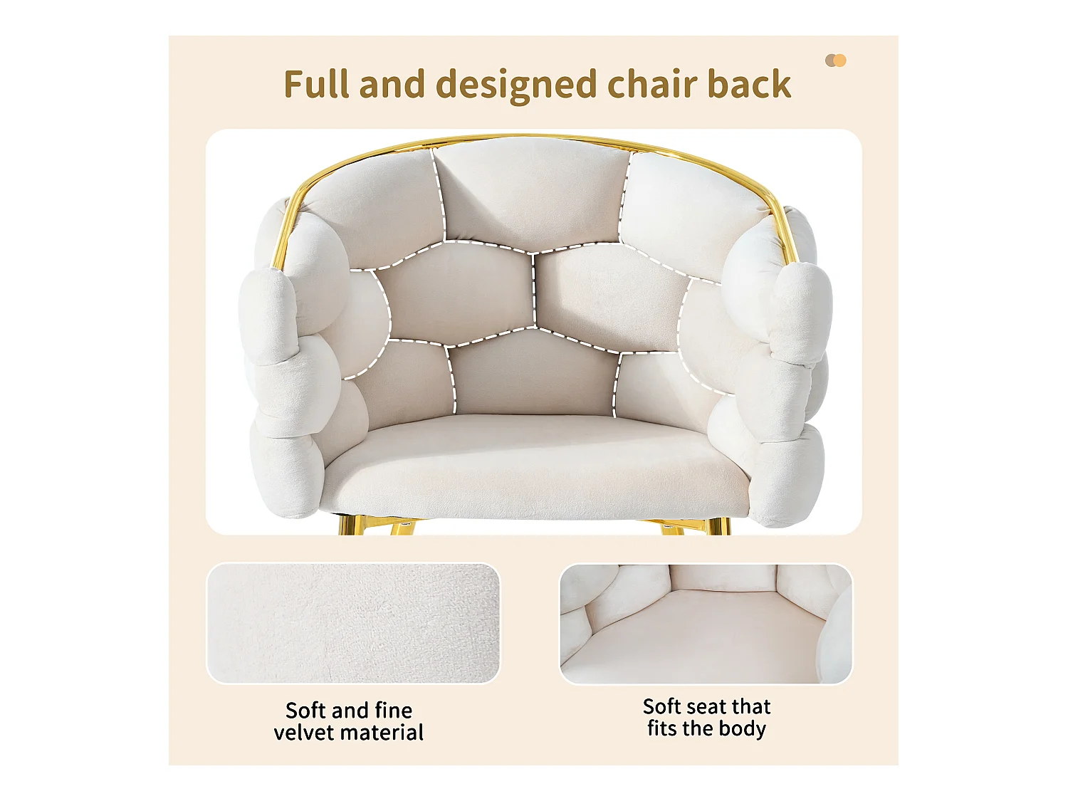 Ensemble table à manger + 4 chaises en velours - 140 x 80 x 75 cm - MDF + Pieds en métal doré - Blanc + beige