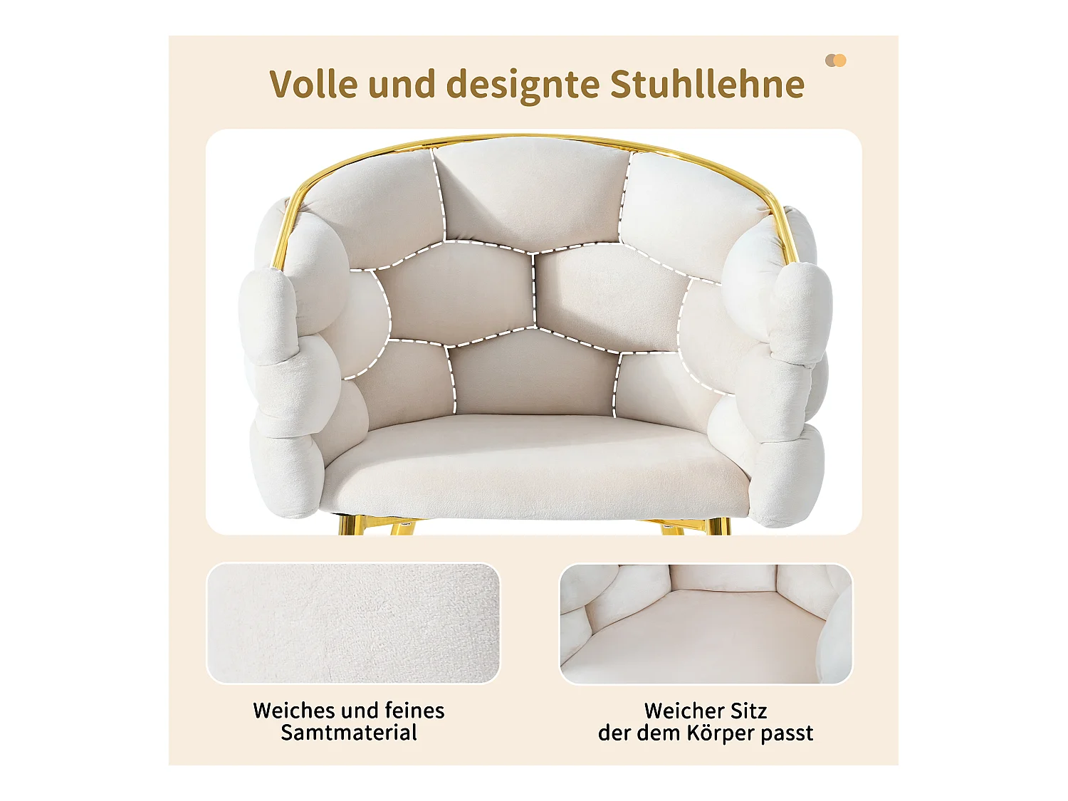 Ensemble table à manger + 4 chaises en velours - 140 x 80 x 75 cm - MDF + Pieds en métal doré - Blanc + beige