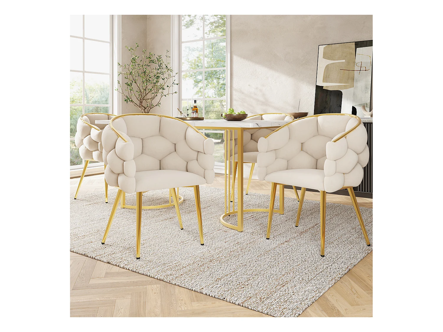 Ensemble table à manger + 4 chaises en velours - 140 x 80 x 75 cm - MDF + Pieds en métal doré - Blanc + beige