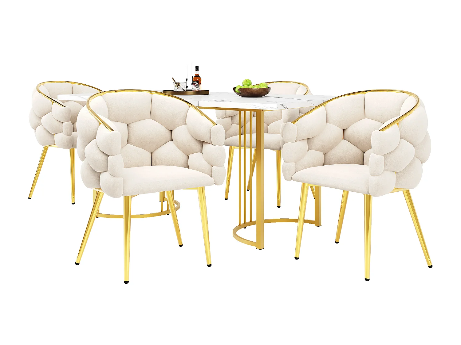 Ensemble table à manger + 4 chaises en velours - 140 x 80 x 75 cm - MDF + Pieds en métal doré - Blanc + beige