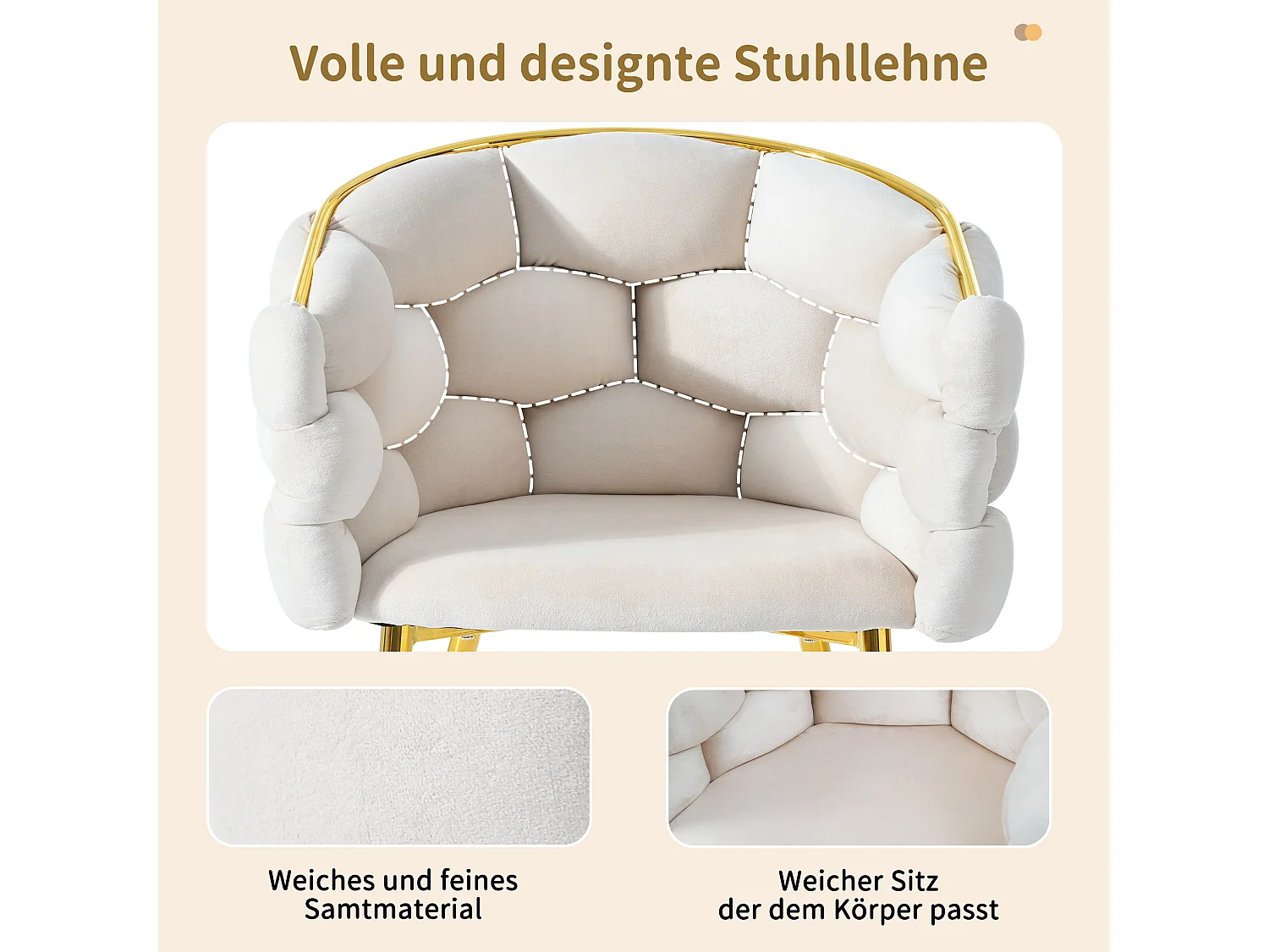 Ensemble table à manger + 4 chaises en velours - 140 x 80 x 75 cm - MDF + Pieds en métal doré - Blanc + beige