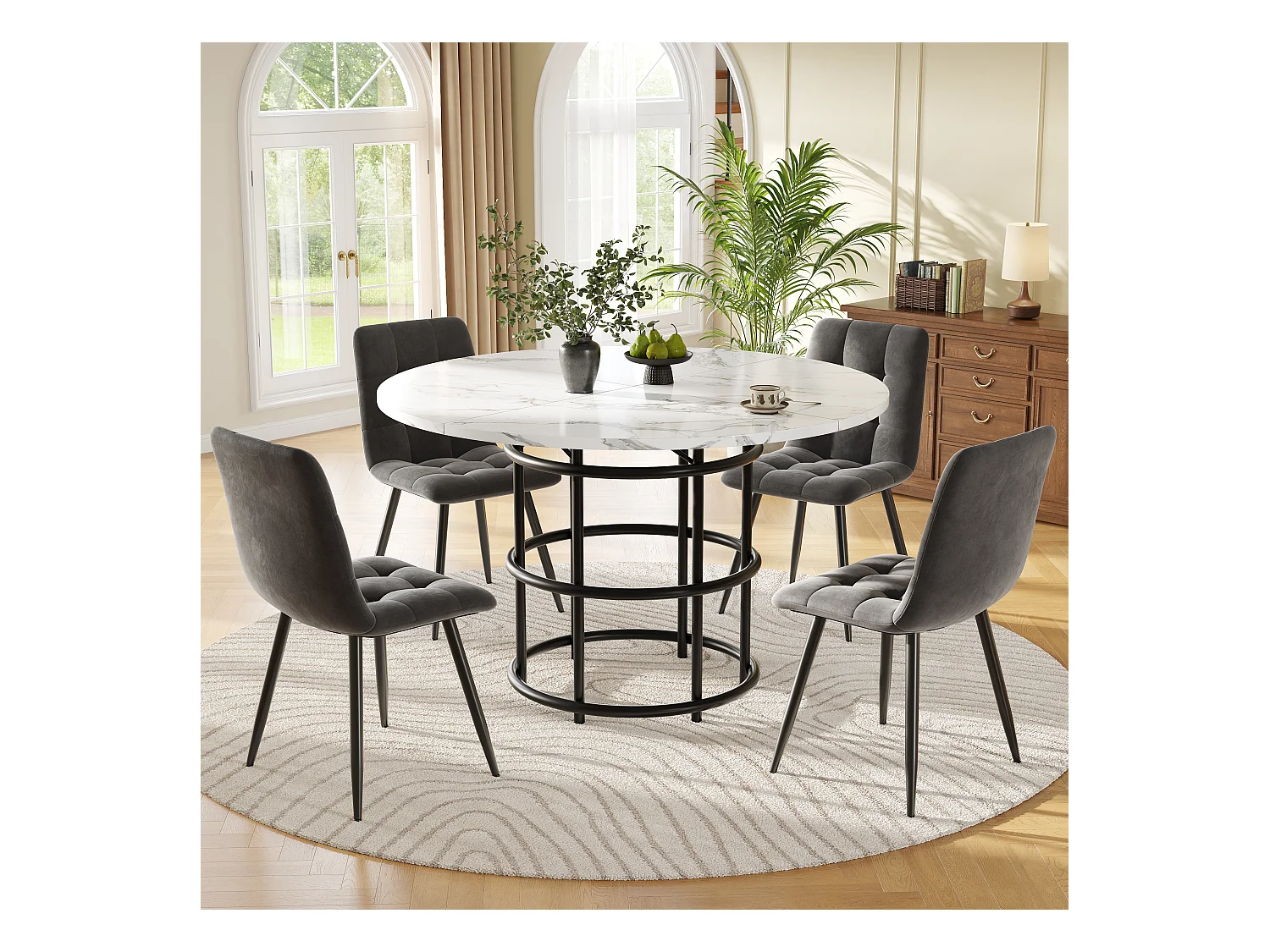 Set tavolo da pranzo rotondo + 4 sedie in velluto - P 100 x H 76 cm - Gambe in MDF e metallo - Effetto marmo - Bianco + nero